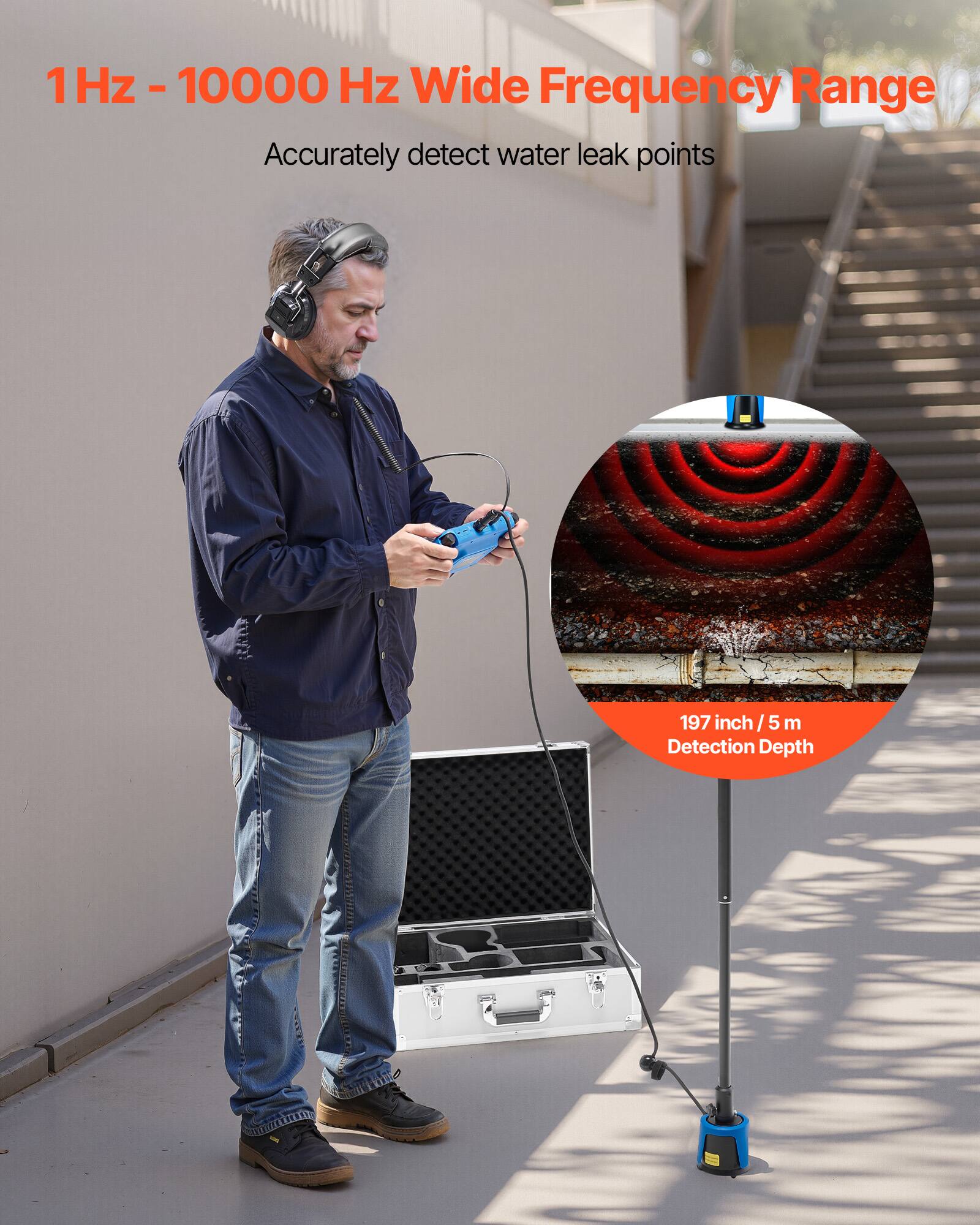 1 Hz - 10000 Hz Wide Frequency Range  
Accurately detect water leak points  
197 inch / 5 m Detection Depth