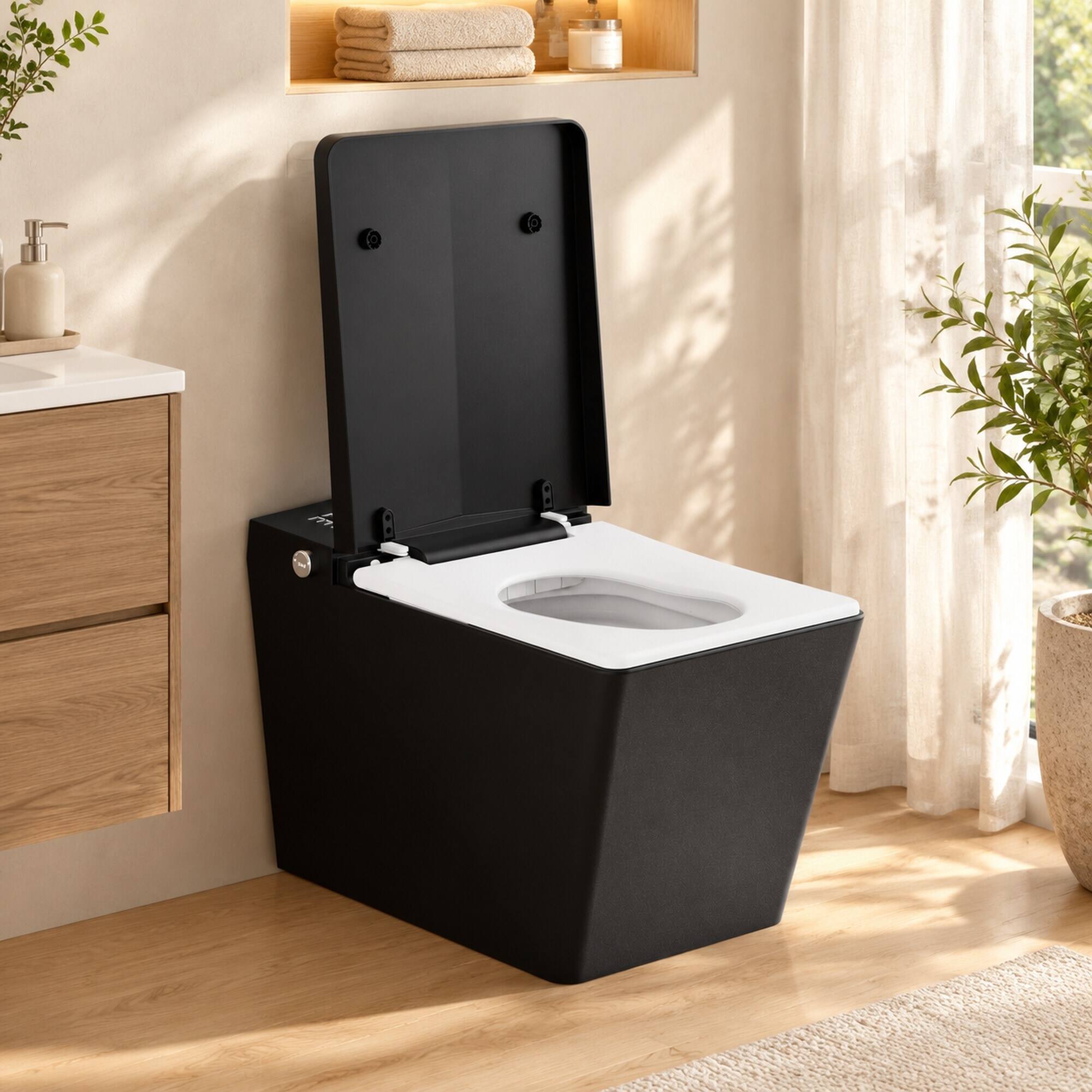 Alt View 2. RYHNUYNE - Square Matte Black Smart Bidet Toilet, Built-in Tank Remote Foot Touch Auto Flush Heated Seat LED Display User Memory - Matte Black.
