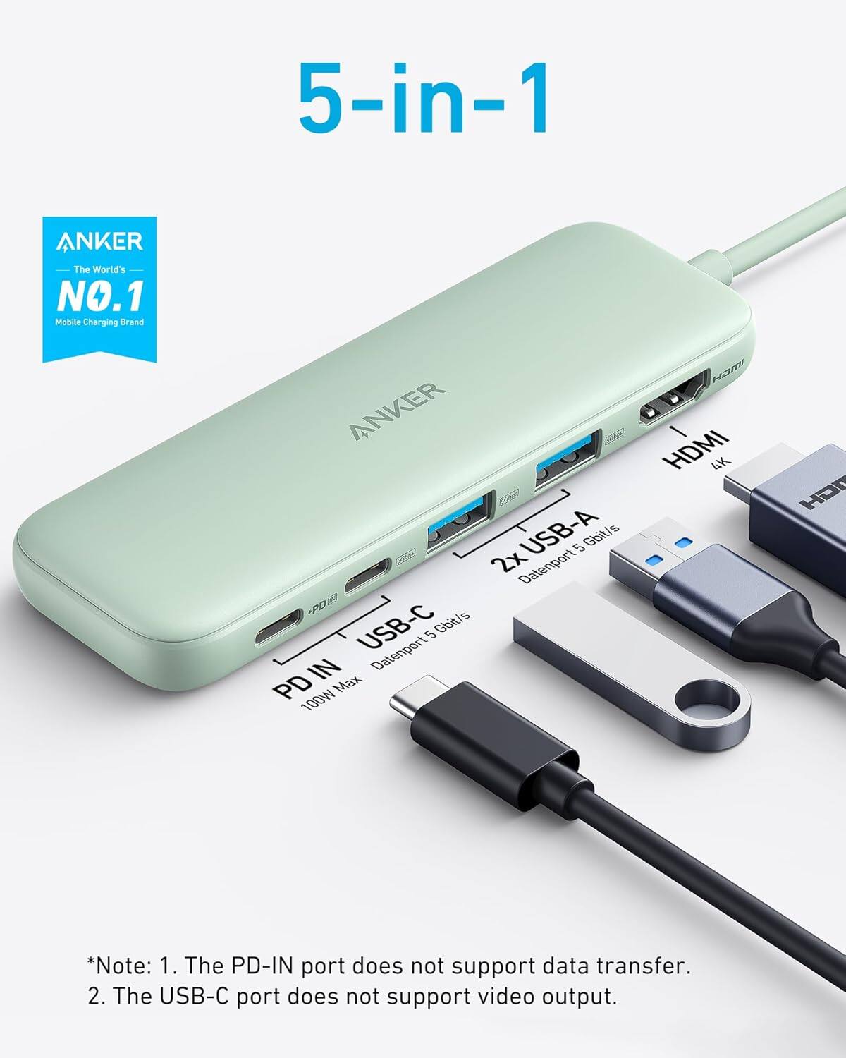 5-in-1 ANKER The World's NO.1 Mobile Charging Brand ANKER 2x USB-A 5 Gbit/s Datenport PD USB-C 5 Gbit/s IN Datenport PD Max 100W H / HDMI 4K HO *Note: 1. The PD-IN port does not support data transfer. 2. The USB-C port does not support video output.