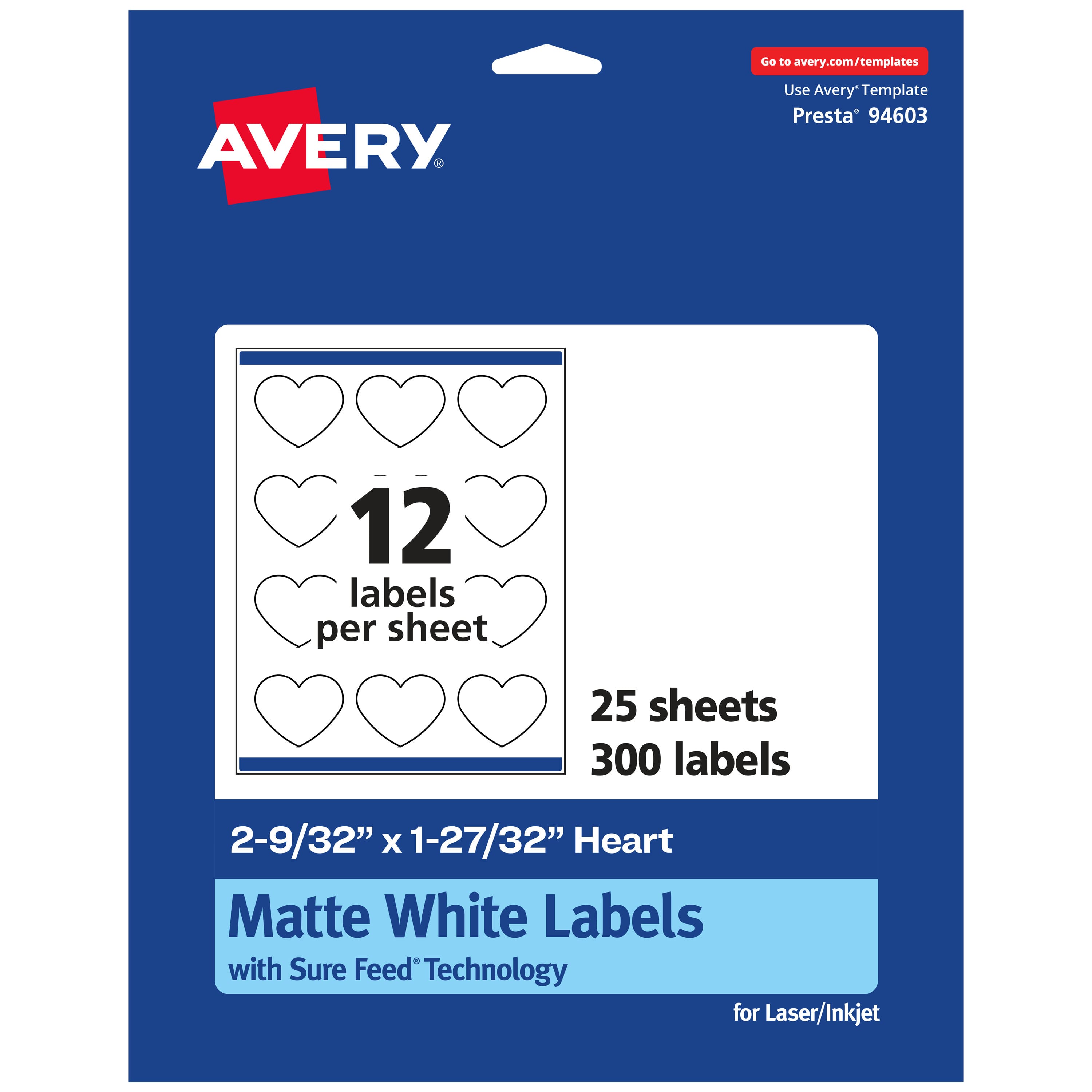 Avery - Matte Heart Labels, 2-9/32" x 1-27/32", 300 Labels - White