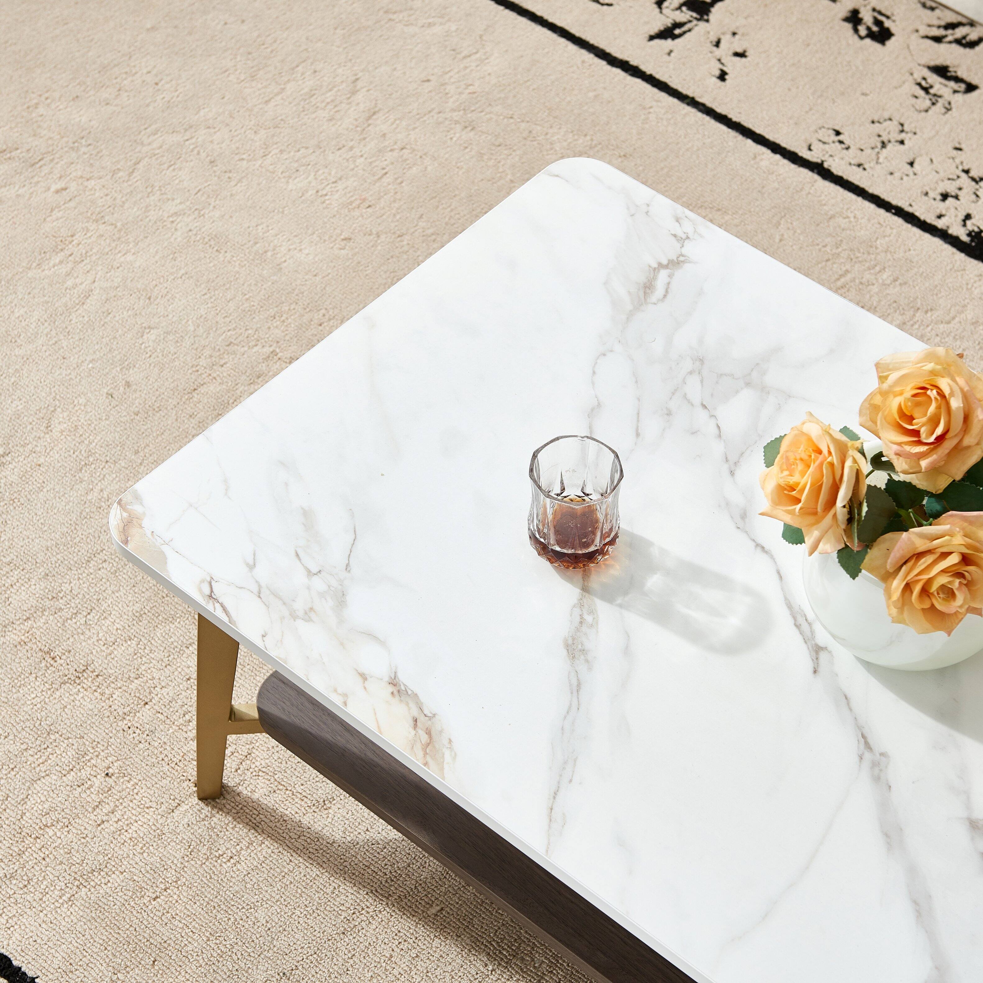 Alt View 5. Tiramisubest - Coffee Table,Rectangular Center Table for Living Room,Open Space Side Table with Metal Frame - Golden+White.