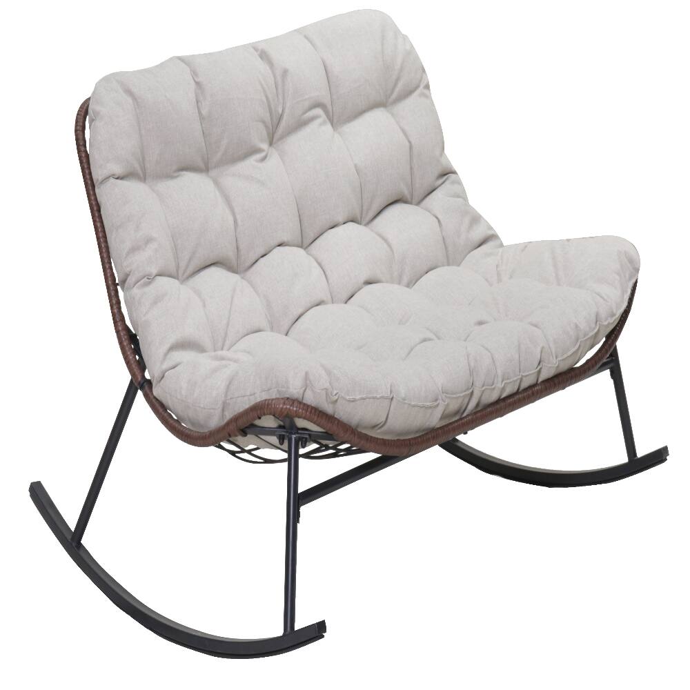 Left. Loheer - Loheer Double Wide Rocking Papasan Chair 2-Person Oversized Patio Lounge Chair with Cushions PE Rattan - Beige.
