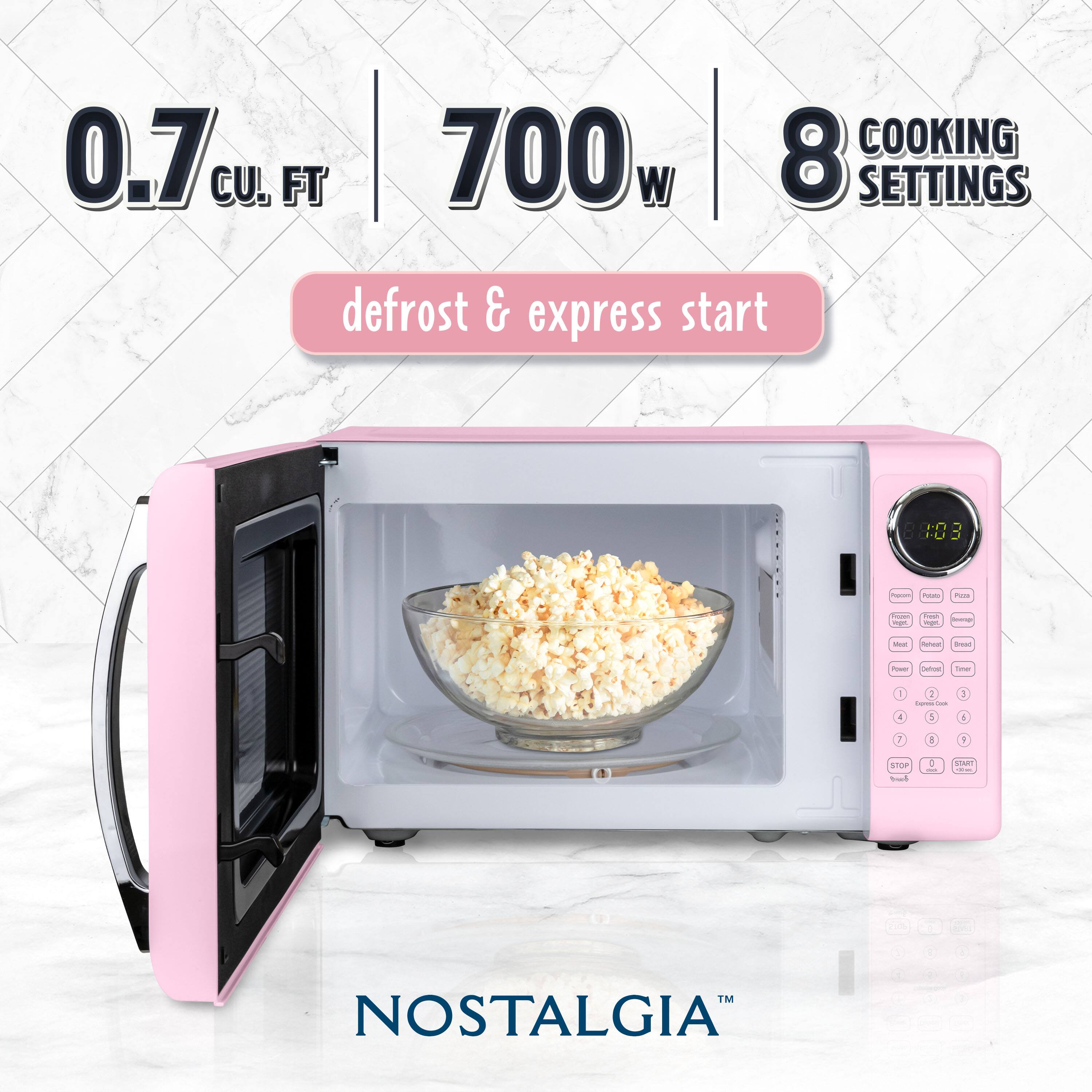 0.7 cu. ft. | 700w | 8 COOKING SETTINGS  
defrost & express start  
NOSTALGIA™
