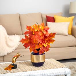 BreeBe - 18" Autumn Maple Leaf Plant in Blue and Gold Planter - Orange