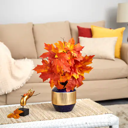 Front. BreeBe - 18" Autumn Maple Leaf Plant in Blue and Gold Planter - Orange.