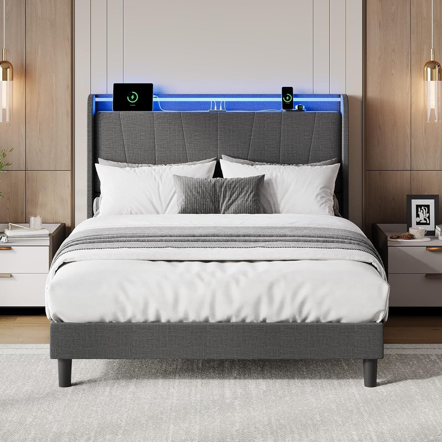 Qeetex - Queen Upholstered Bed Frame with Storage & Charging Station, No Box Spring, Noise-Free - Gray - Gray Queen
