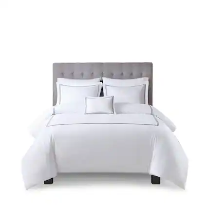 Front. Gracie Mills - Gracie Mills Mooney 500 Thread Count Embroidered Stripe Cotton Sateen Comforter Set - White/Navy.