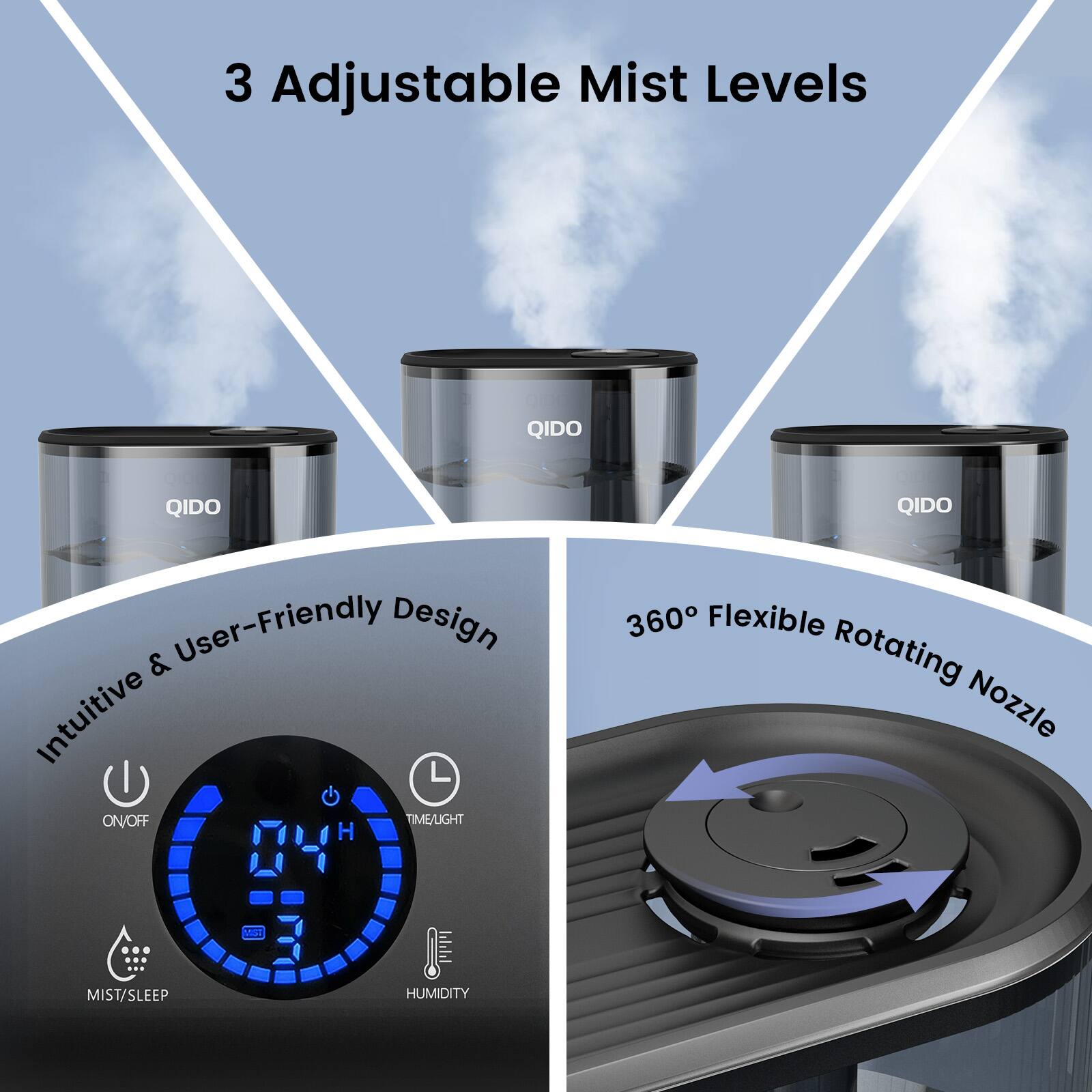 3 Adjustable Mist Levels

Intuitive & User-Friendly Design

360° Flexible Rotating Nozzle

ON/OFF TIME/LIGHT MIST/SLEEP HUMIDITY