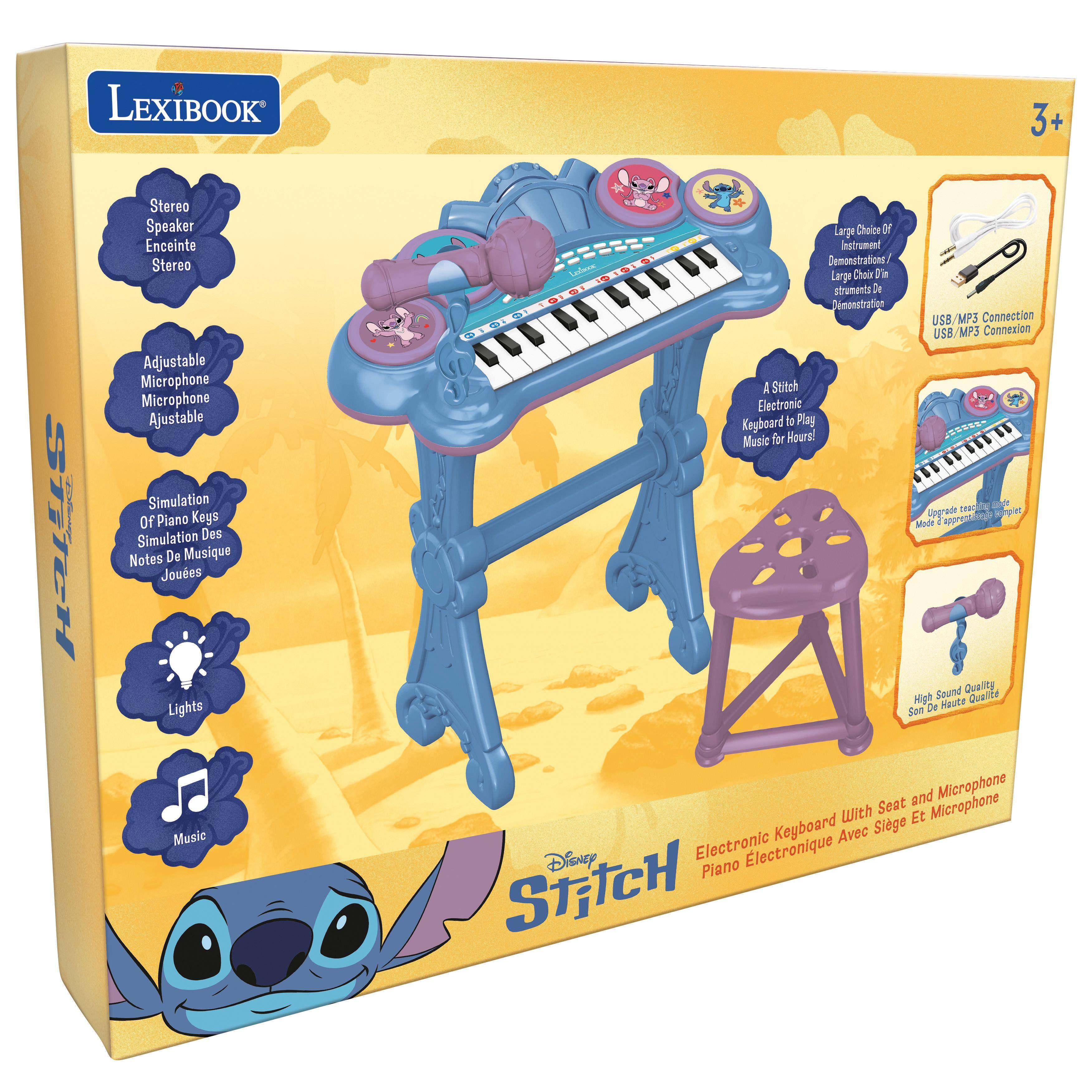 LEXIBOOK 3+ i STITCH Stereo Speaker  
Enceinte Stereo  
Adjustable Microphone  
Microphone Ajustable  
Simulation Of Piano Keys  
Simulation Des Notes De Musique Jouées  
Lights  
Music  
Large Choice Of Instrument Demonstrations  
Large Choix D'instruments De Démonstration  
USB/MP3 Connection  
USB/MP3 Connexion  
A Stitch Electronic Keyboard to Play Music for Hours!  
Piano Électronique Avec Siège Et Microphone  
High-Sound Quality  
Son De Haute Qualité