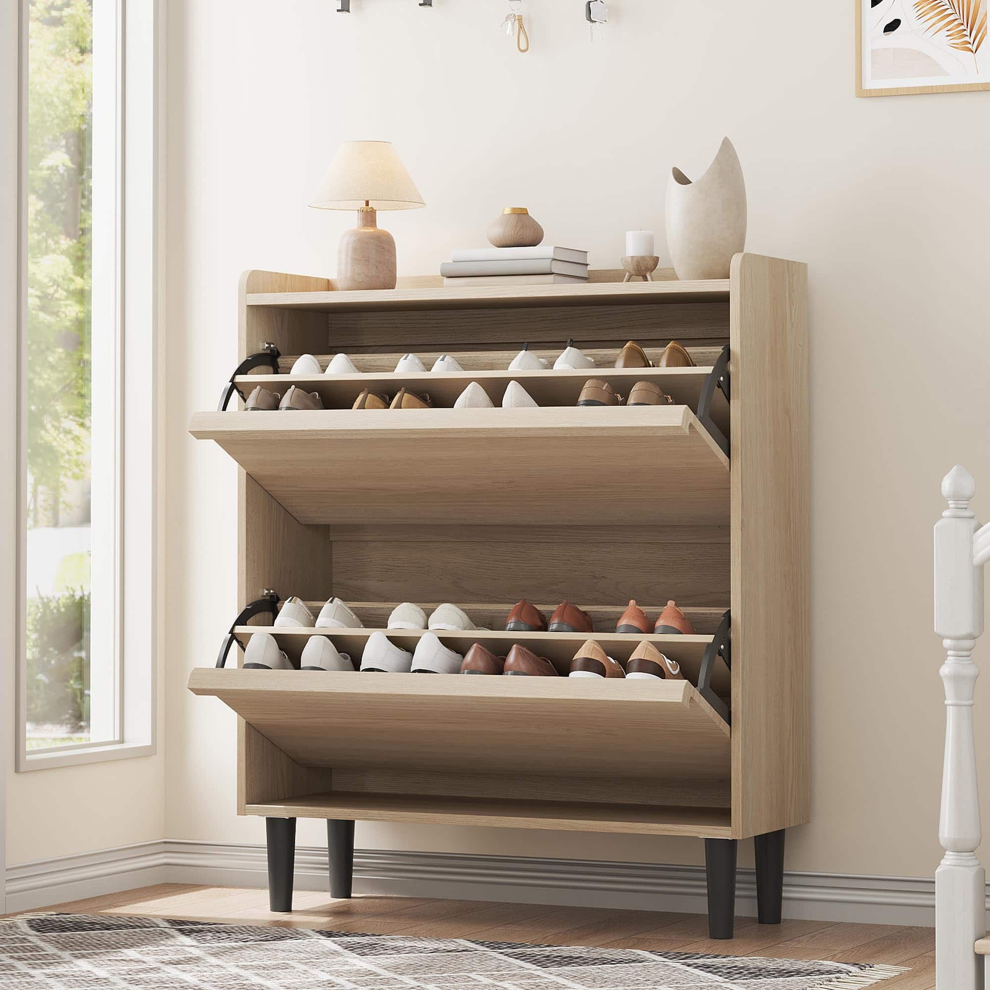 Jojoka - Wooden Shoe Cabinet with 2 Flip Drawers - Space-Saving Design, Adjustable and Removable Shelf, Ample Storage Space - Natural