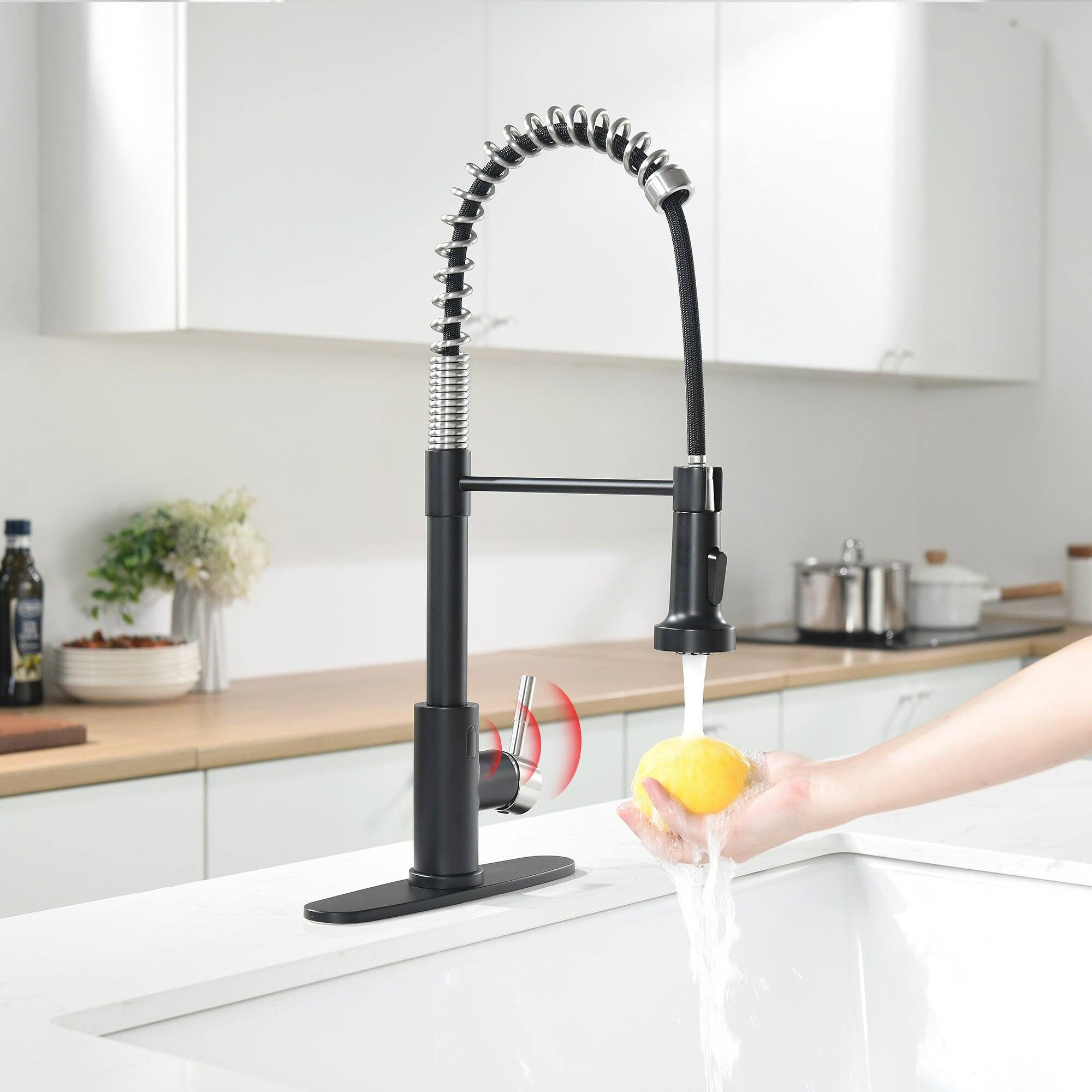 Alt View 3. Boyel Living - Black and Brushed Nickel Single Handle Touchless Pull Down Kitchen Faucet with Deckplate Included - Black & Brushed Nickel.