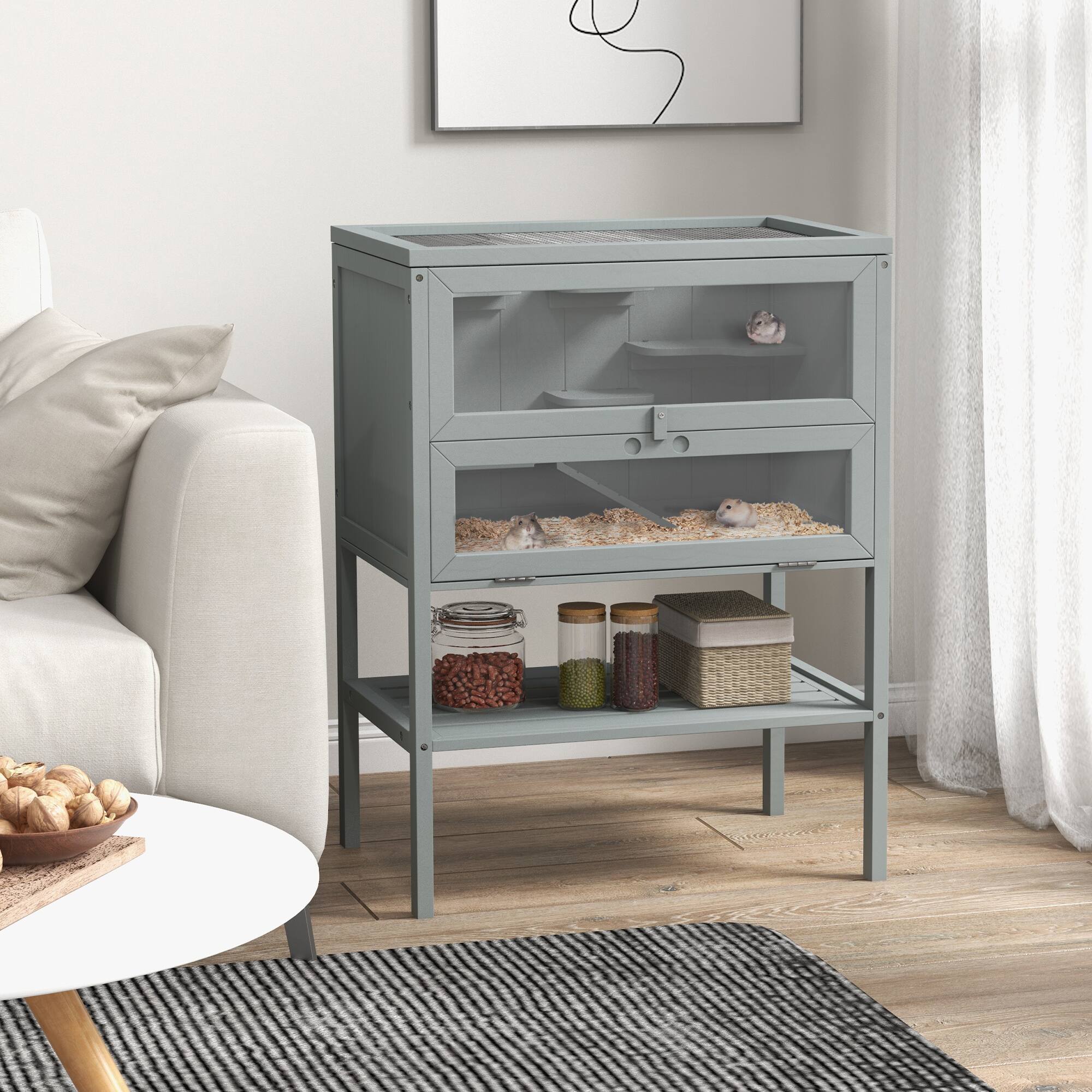 Angle. Pawhut - 3-Tier Wooden Hamster Cage Mice and Rat Cage Small Animals Hutch with Openable Top, Front Door, Storage Shelf.