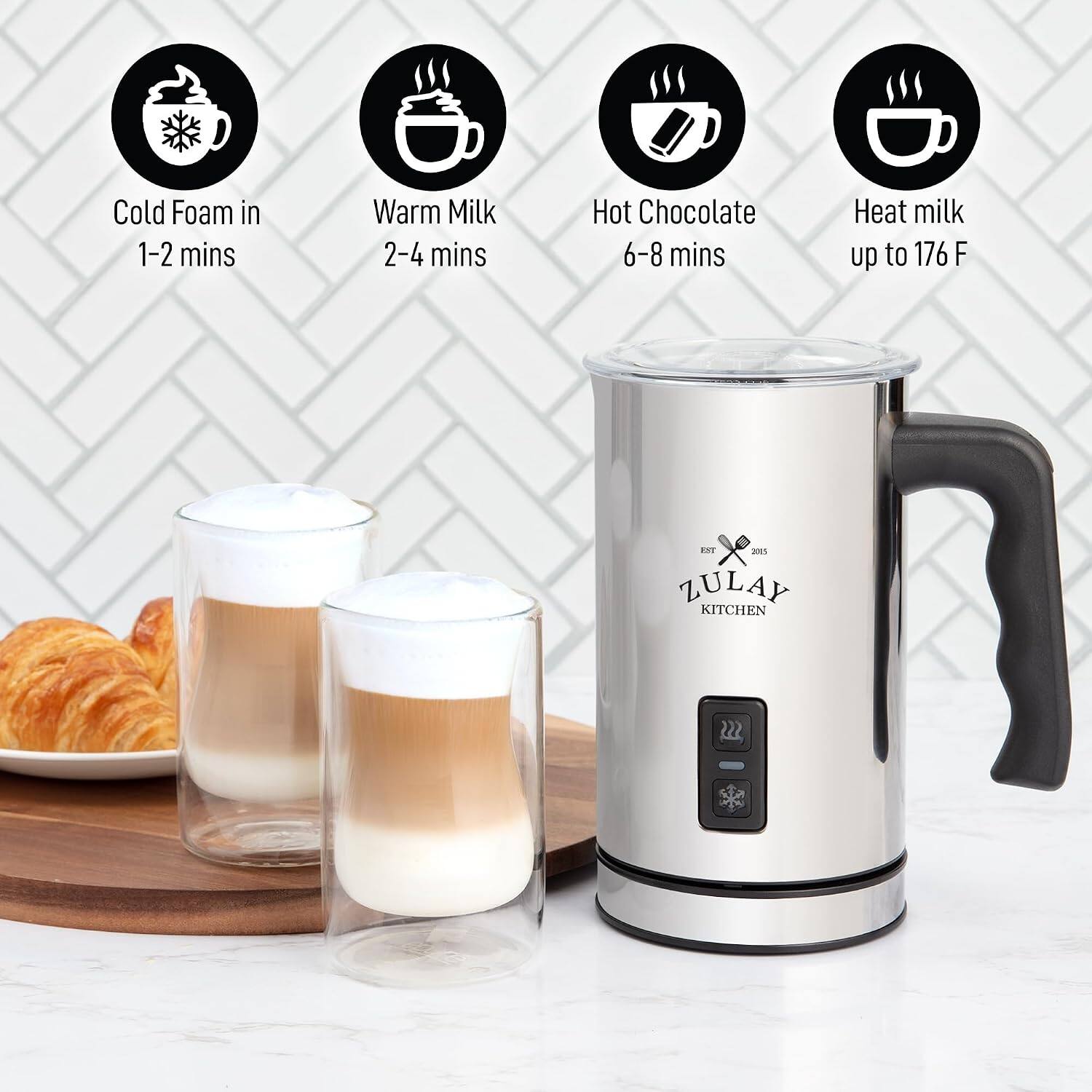 Cold Foam in 1-2 mins  
Warm Milk 2-4 mins  
Hot Chocolate 6-8 mins  
Heat milk up to 176 F  

ZULAY KITCHEN