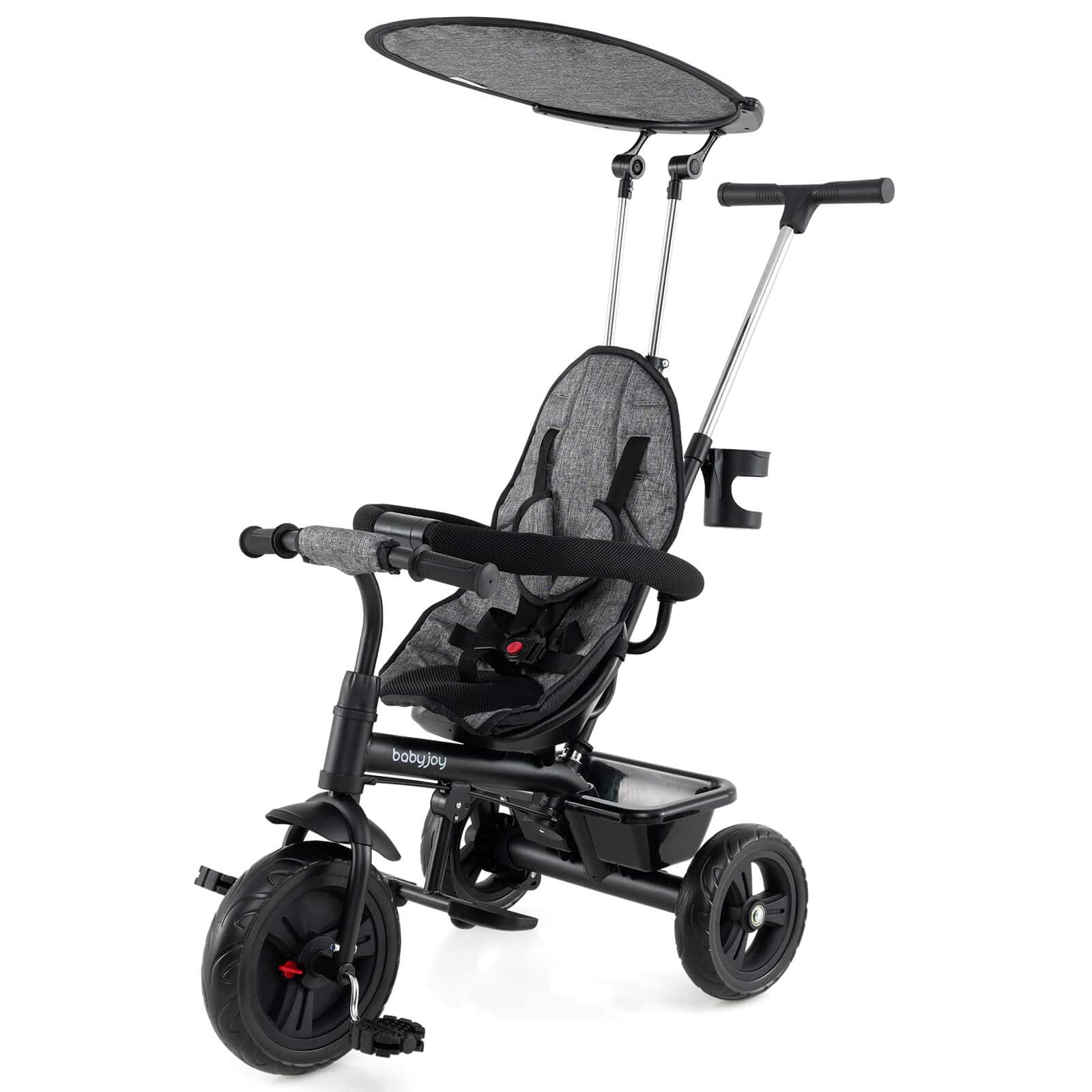 Costway - Toddler Tricycle, 7 in 1 Push Trike with Adjustable Canopy Parent Push Handle Seat - Gray,Black