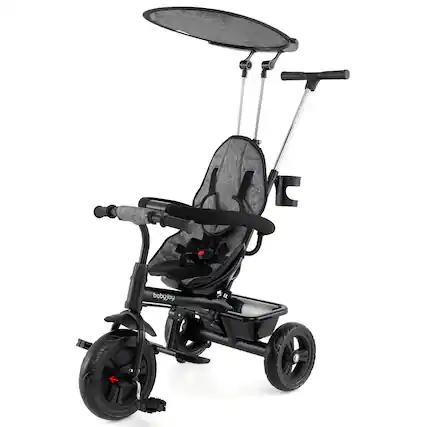 Front. Costway - Costway Toddler Tricycle, 7 in 1 Push Trike with Adjustable Canopy Parent Push Handle Seat - Gray,Black.