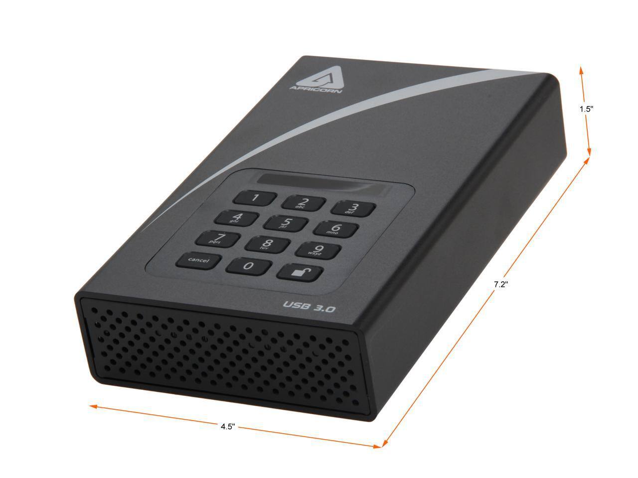 APRICORN 1.5" 1 2 3 4 5 6 7 8 9 0 Fov NTCO cancel O 7.2" USB 3.0 4.5"