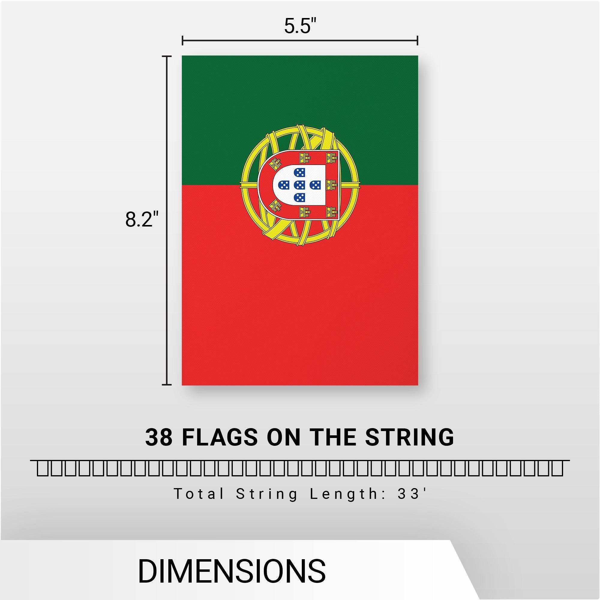 5.5" x 8.2"  
38 FLAGS ON THE STRING  
Total String Length: 33'  
DIMENSIONS