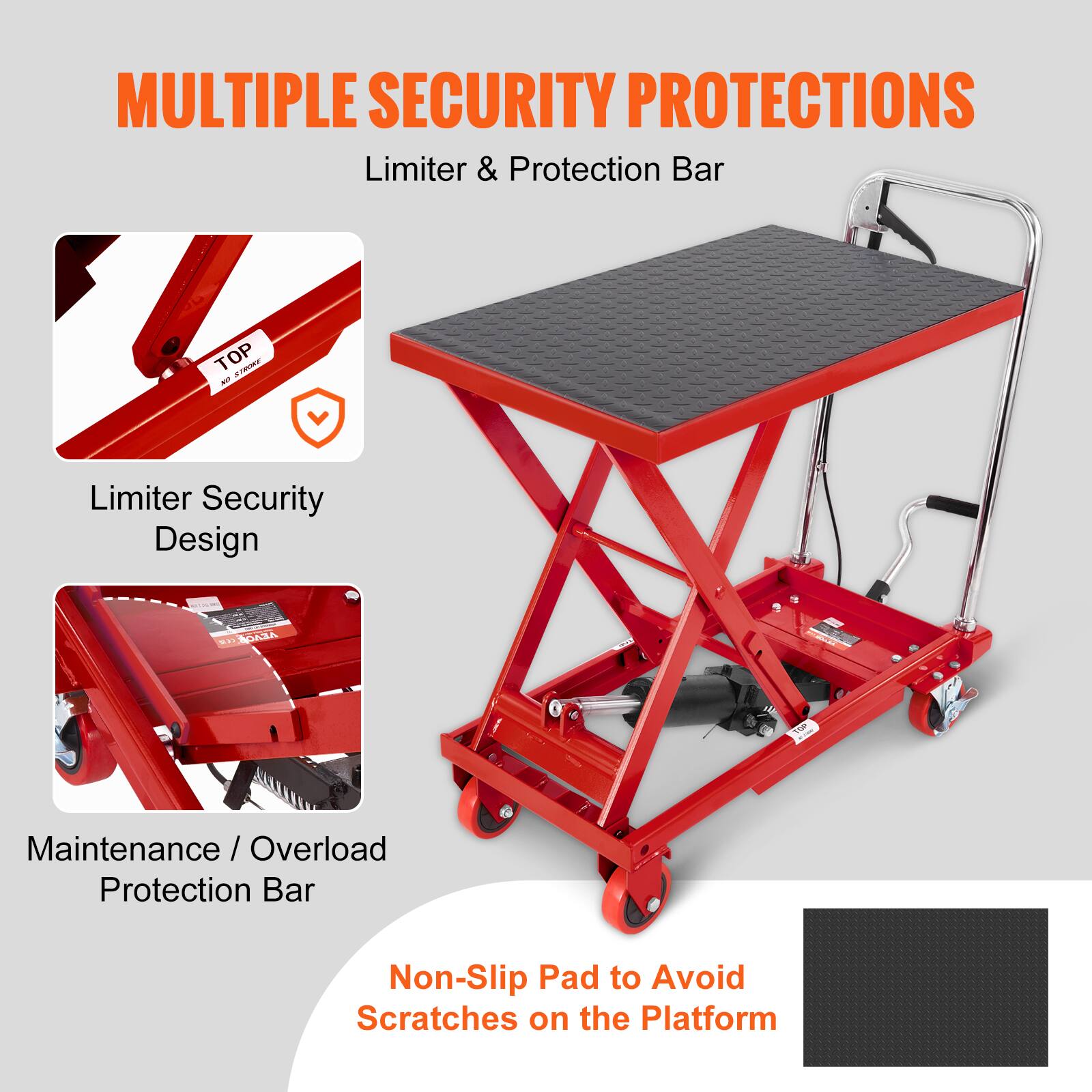 MULTIPLE SECURITY PROTECTIONS  
Limiter & Protection Bar  

TOP STROKE ALP  

Limiter Security Design  

232 VEVOR  

TOP  

Maintenance / Overload Protection Bar  

Non-Slip Pad to Avoid Scratches on the Platform