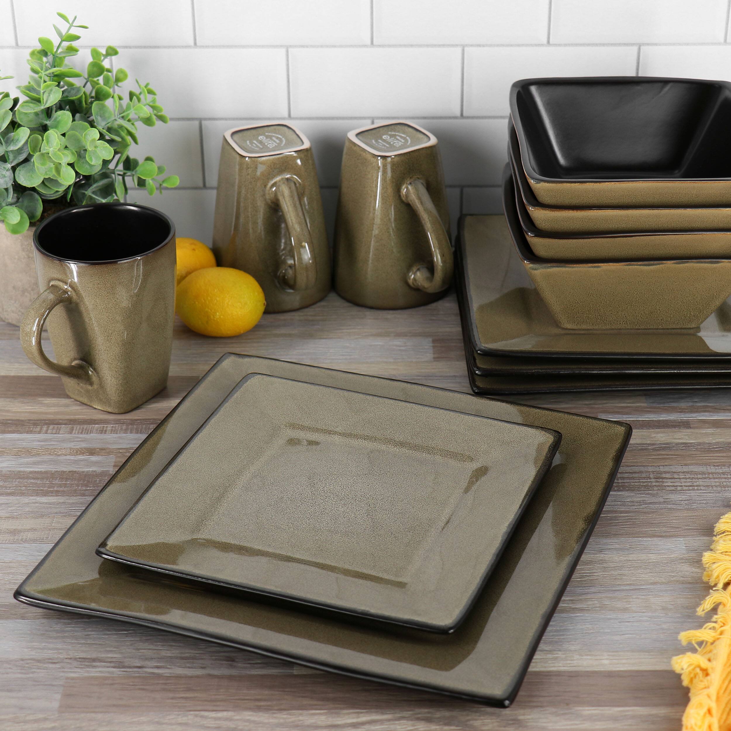 Alt View 8. Gibson - Gibson Elite Kiesling 16 Piece Hard Square Stoneware Dinnerware Set in Taupe and Black - Brown.
