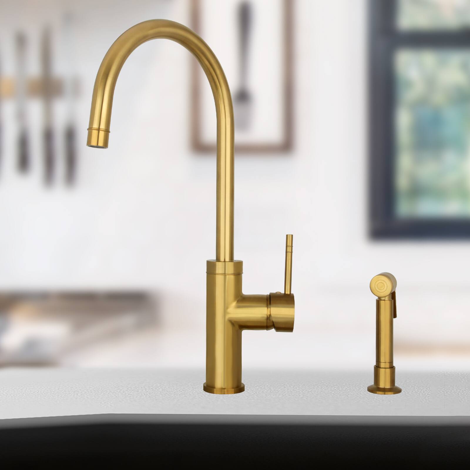 Alt View 7. Akicon - Akicon Solid Brass Single Handle 360° Swivel Widespread Kitchen Faucet with Side Sprayer in Brushed Gold - Brushed Gold.