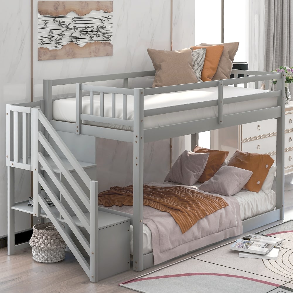 Loheer - Twin over Twin Floor Bunk Bed Low Profile Bunk Bed with Storage Ladder Solid Pine Wood Kids Bed - Gray price history on PriceWatchPro