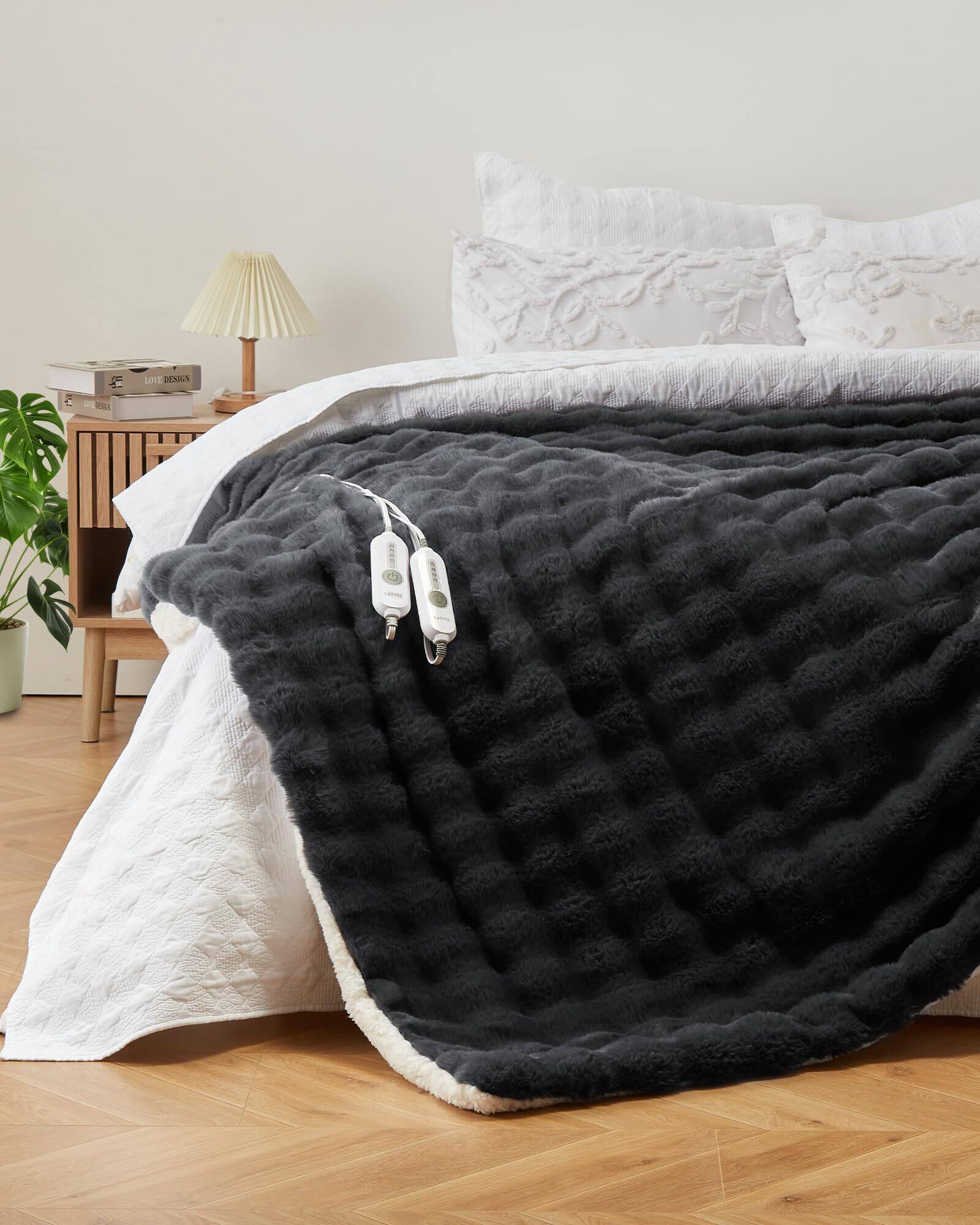 Acekool - Heated Blanket King, Dual Control Faux Fur Electric Blanket with 4 Heat Settings, 90"x100" - Gray