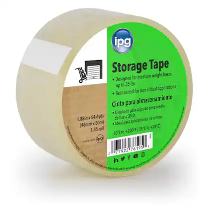 ipg Storage Tape
Designed for medium weight boxes up to 35 lbs
Best suited for non-critical applications
Cinta para almacenamiento
Diseñada para cajas de peso medio de hasta 35 lb
Ideal para aplicaciones no críticas
1.88in x 54.6yds (48mm x 50m)
1.85 mil
-30°F to +200°F (-35°C to +93°C)
ipg Group 1
R 77922 76195
Sarasota, FL 34232
www.ipg.com
Made in USA with US and Global Sourced Materials