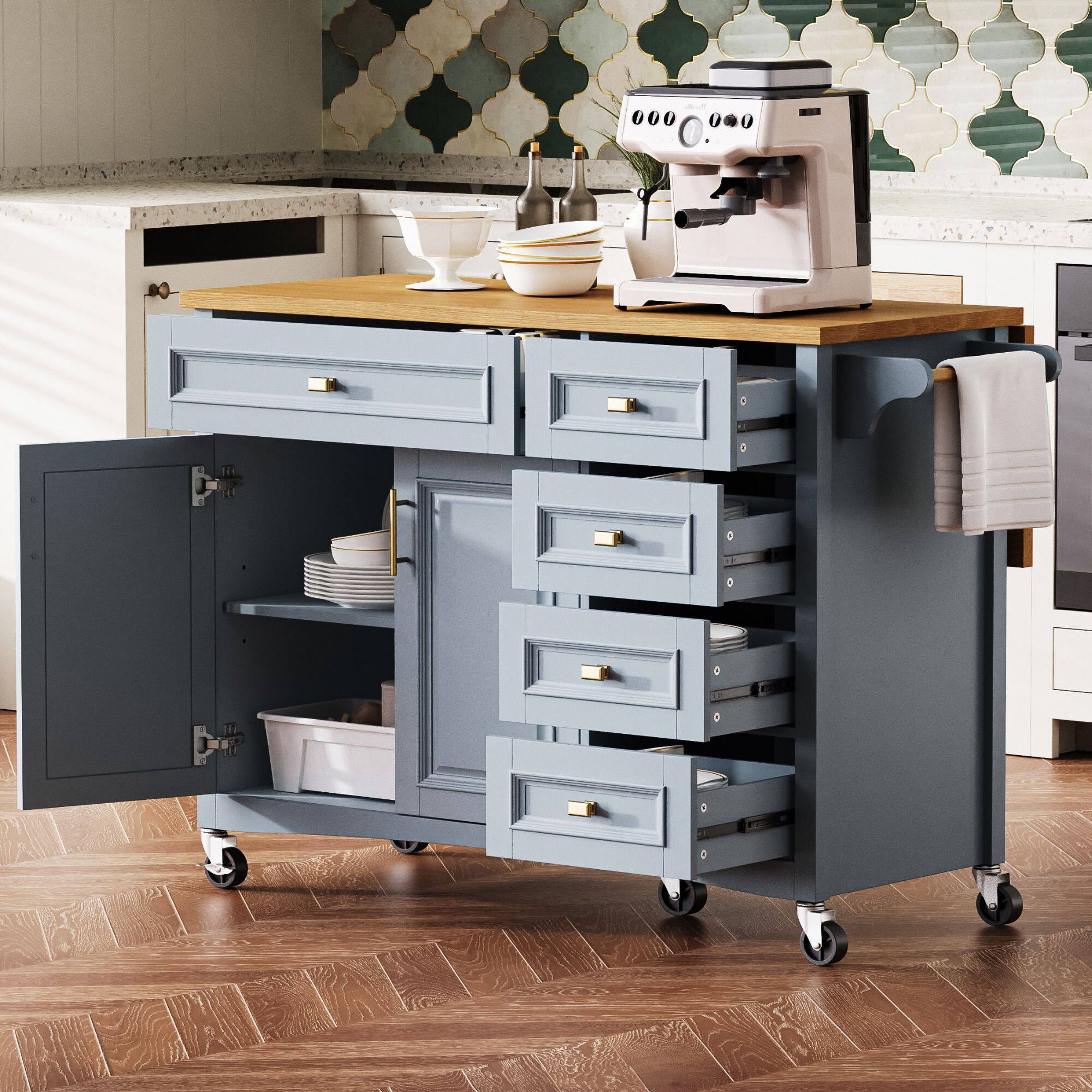 Left. Mirfee - 52" Kitchen Island with Drop Leaf, Spice Rack, Towel Rack, 2 Doors, 5 Drawers - Blue+Grey.