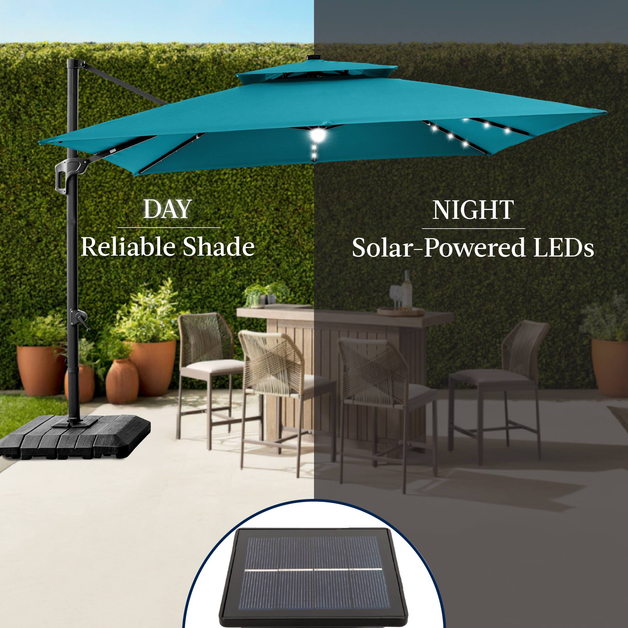 DAY  
Reliable Shade  

NIGHT  
Solar-Powered LEDs