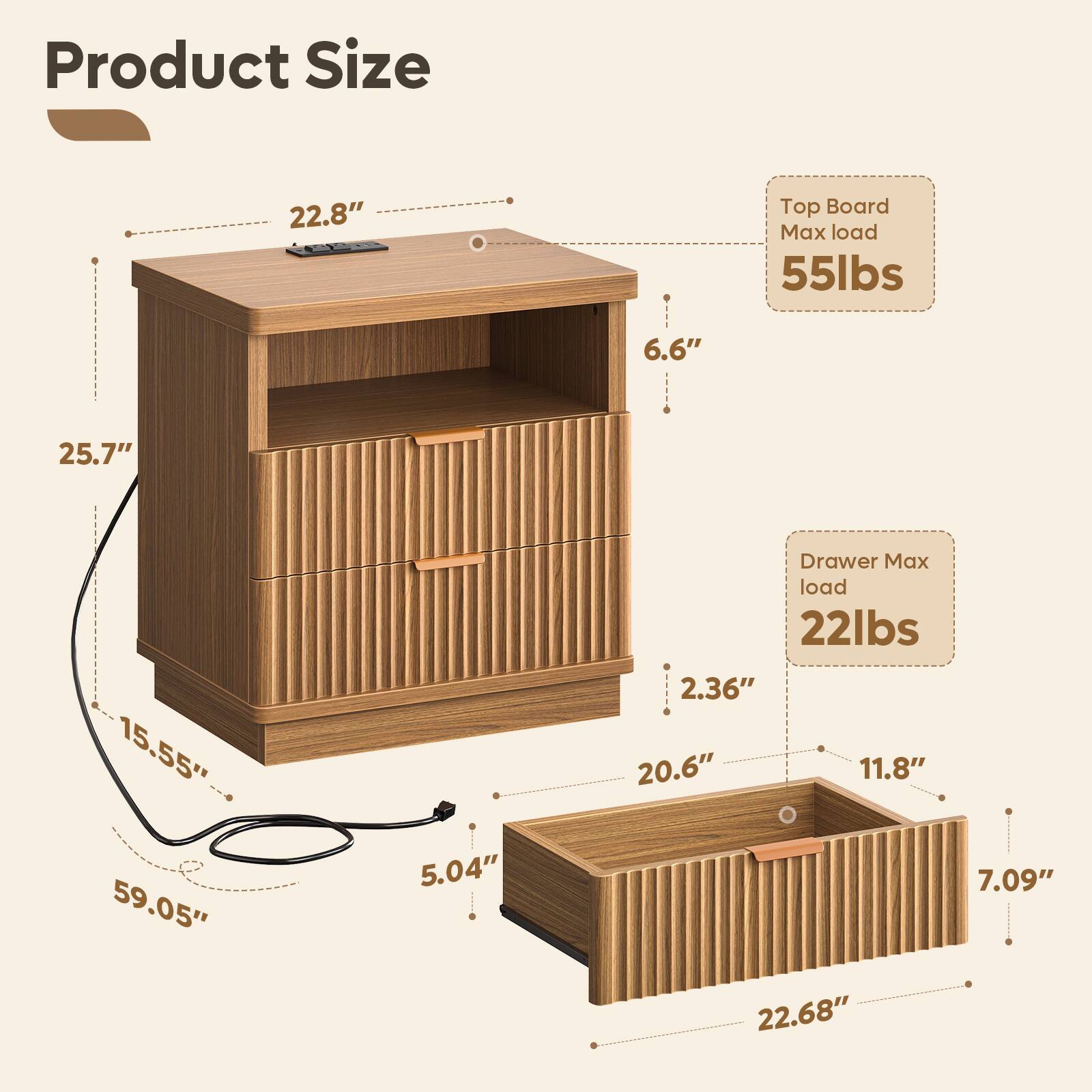 Product Size

- Top Board Max load: 55lbs
- 22.8"
- 6.6"
- 25.7"
- 15.55" 59.05"
- 5.04"
- Drawer Max load: 22lbs
- 2.36" 20.6" 11.8" 7.09" 22.68"