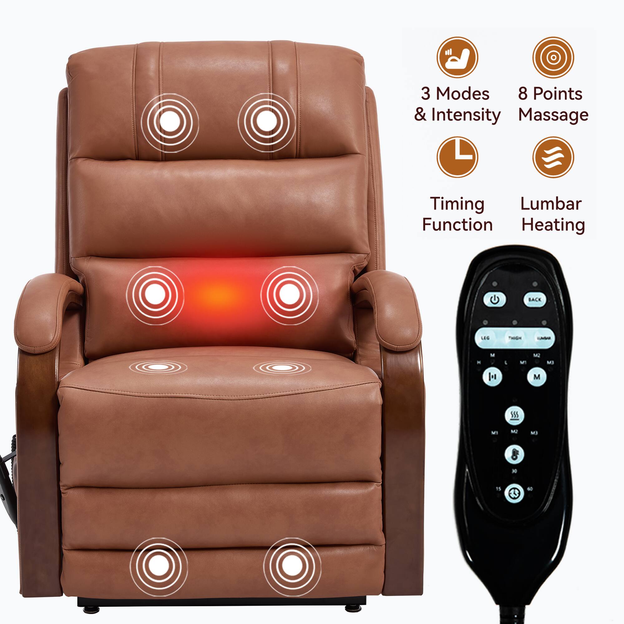 3 Modes & Intensity  
8 Points Massage  
Timing Function  
Lumbar Heating