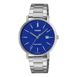 Casio - Men’s Blue Dial Stainless Steel Bracelet Analog Watch - MTP-VT05D-2EDF - Silver