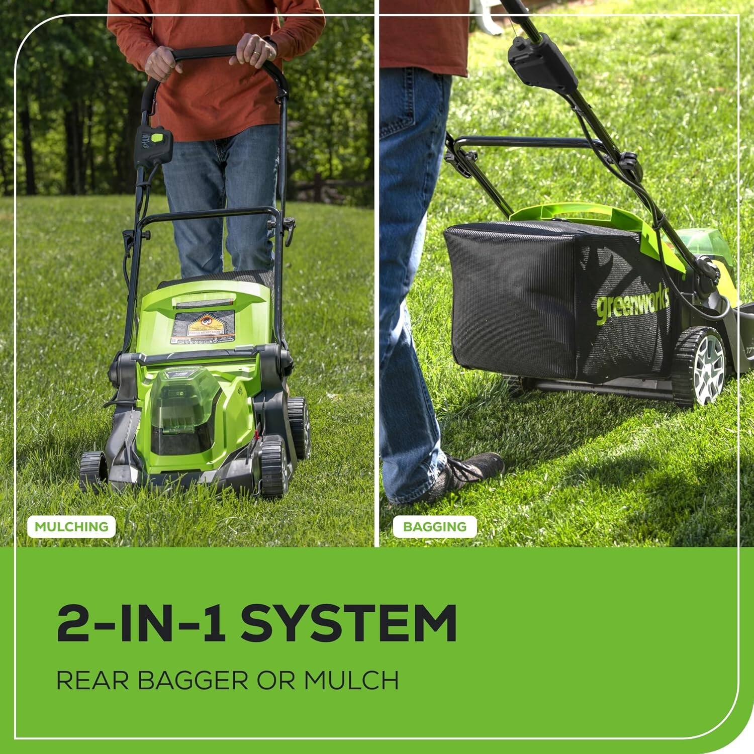 greenworks MULCHING BAGGING 2-IN-1 SYSTEM REAR BAGGER OR MULCH