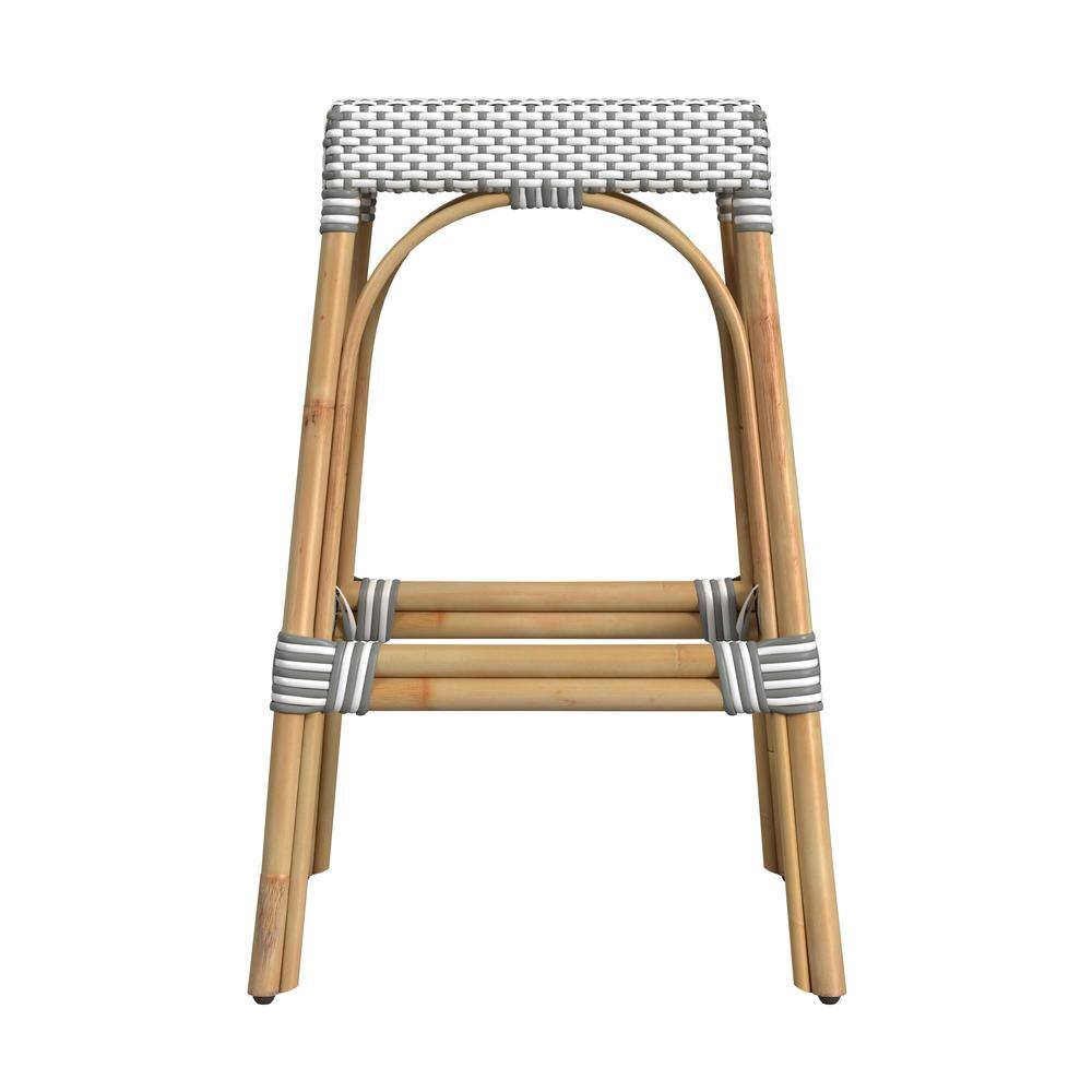Back. Butler Specialty - Robias Rectangular Rattan 30" Bar Stool - Gray And White Dot.