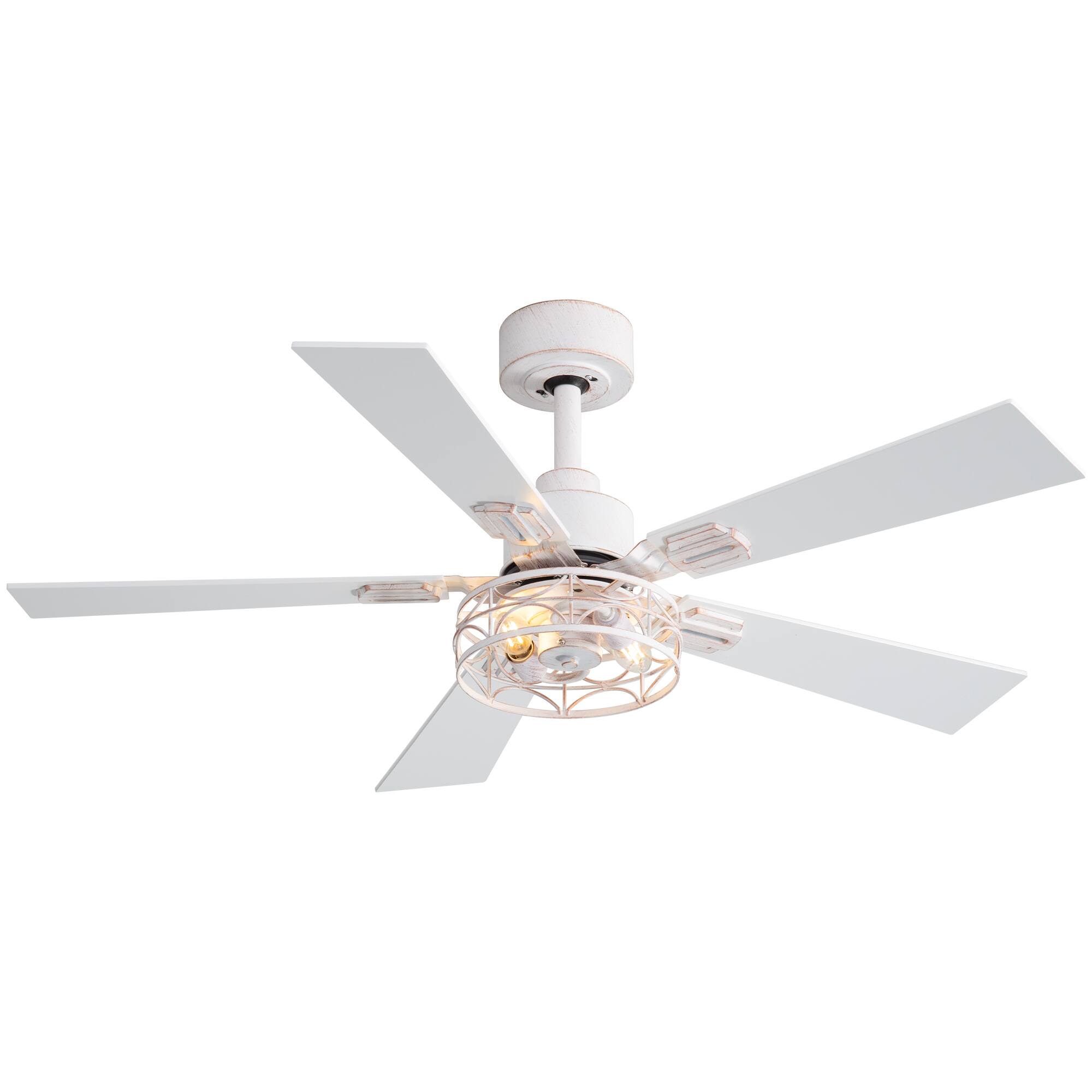 Angle. Breezary - 42-In Indoor Ceiling Fan with Light Kit, 5 Plywood Blades, 6-Speed DC Motor and Remote, Timer, Memory Function(1/2 Pack) - Distressed White and Gold (1 Pack).