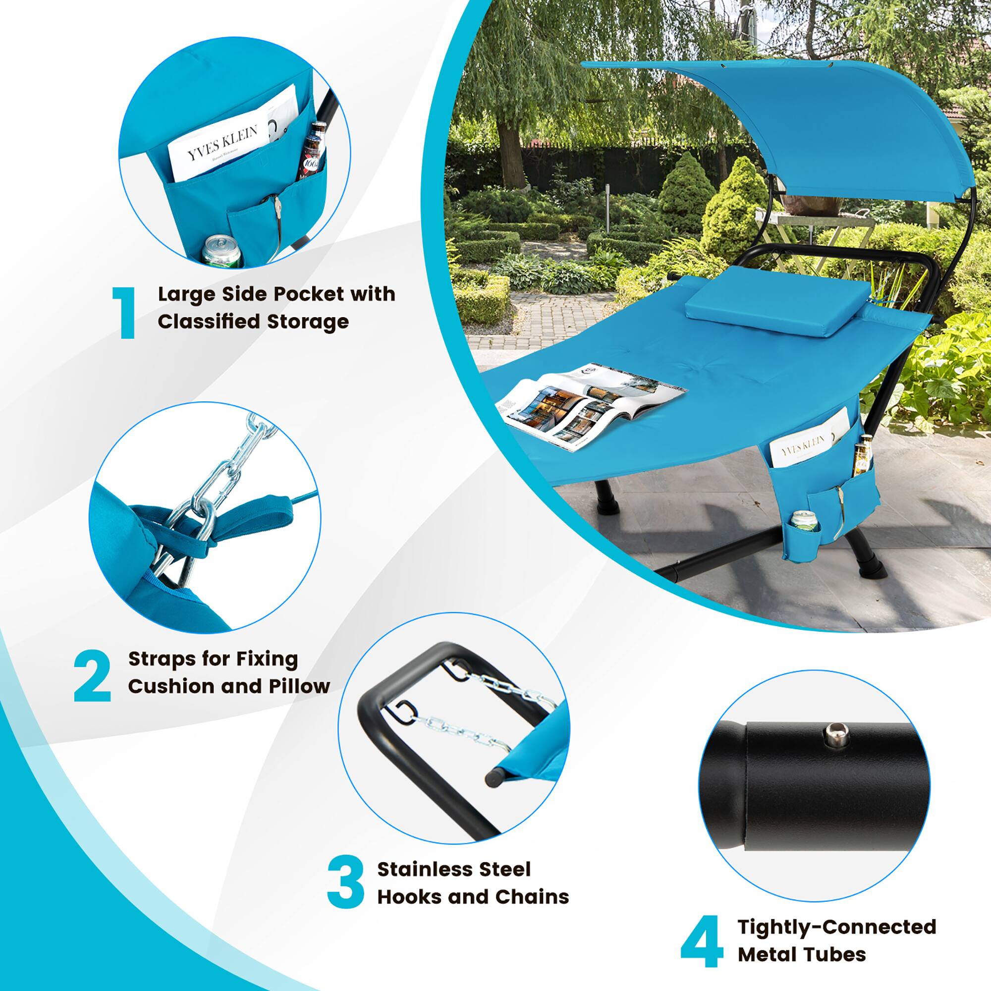 KLEIN YV7S - Large Side Pocket with 1 Classified Storage, MINAInN Straps for Fixing 2 Cushion and Pillow, Stainless Steel 3 Hooks and Chains, Tightly-Connected 4 Metal Tubes