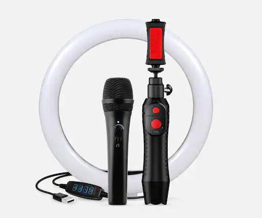 Front. IK Multimedia - iRig Video Creator Series and Streaming Kit with Microphone, Stand and LED Ring Light for Smartphone Content Creation.