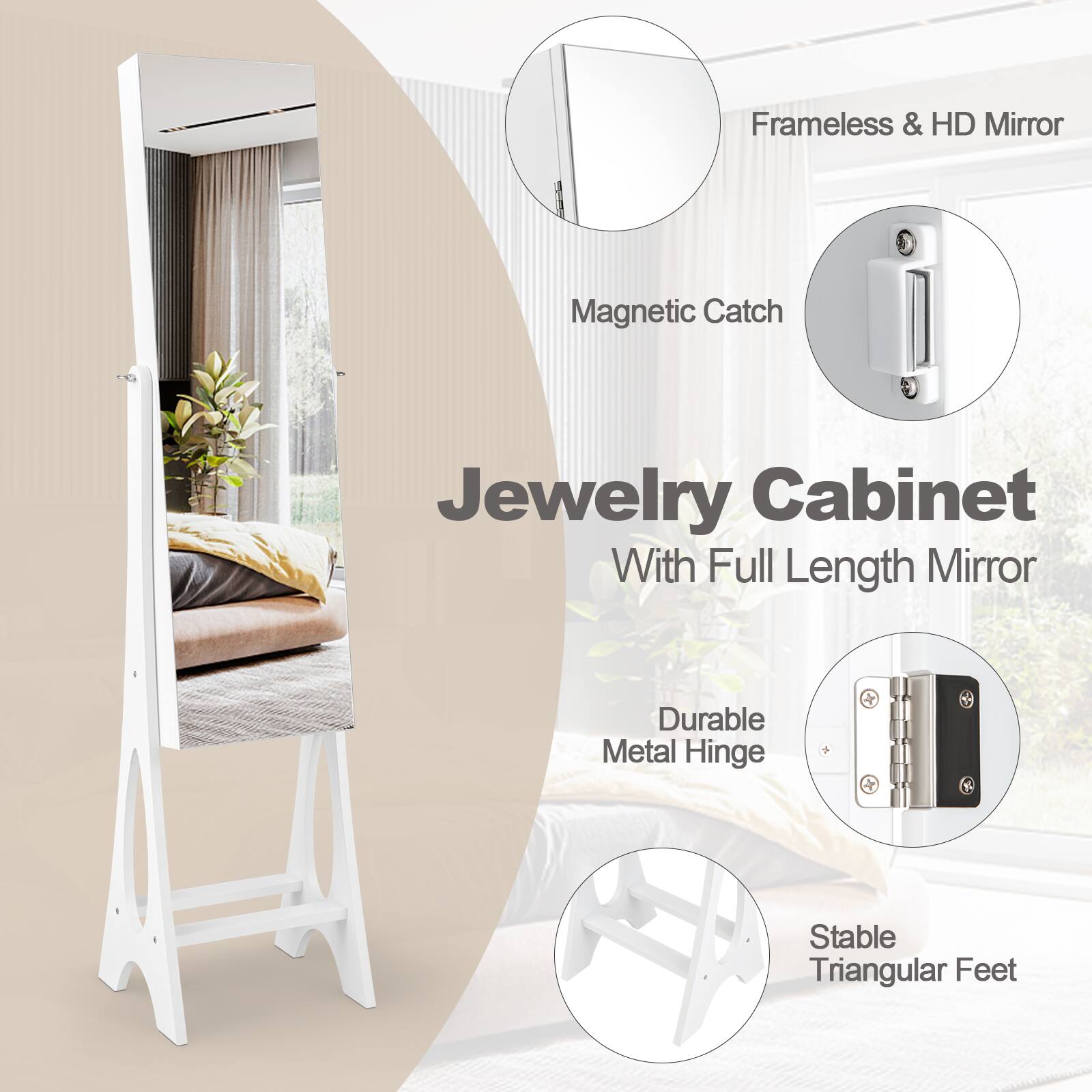 Frameless & HD Mirror Magnetic Catch Jewelry Cabinet With Full Length Mirror Durable Metal Hinge + Stable Triangular Feet