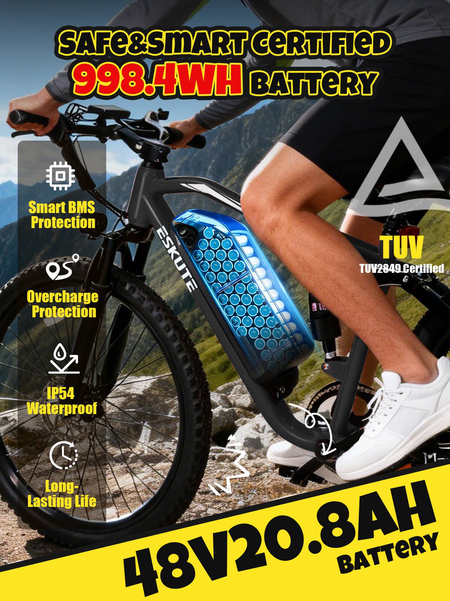 SAFE&SMART CERTIFIED 998.4WH BATTERY

Smart BMS Protection
Overcharge Protection
IP54 Waterproof
Long-Lasting Life

48V20.8AH BATTERY

TUV TUV2849 Certified