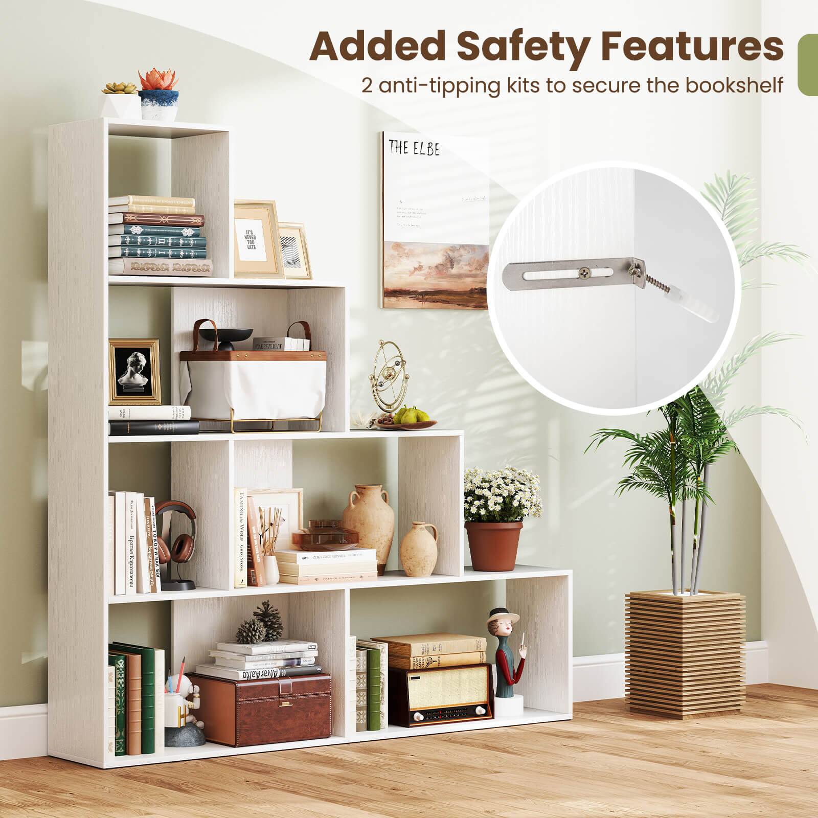 The image features a white bookshelf with various items on it, including books, a vase, and a potted plant. The bookshelf is advertised as having added safety features, which include two anti-tipping kits to secure the bookshelf. The image also includes a picture of the bookshelf with the added safety features.
