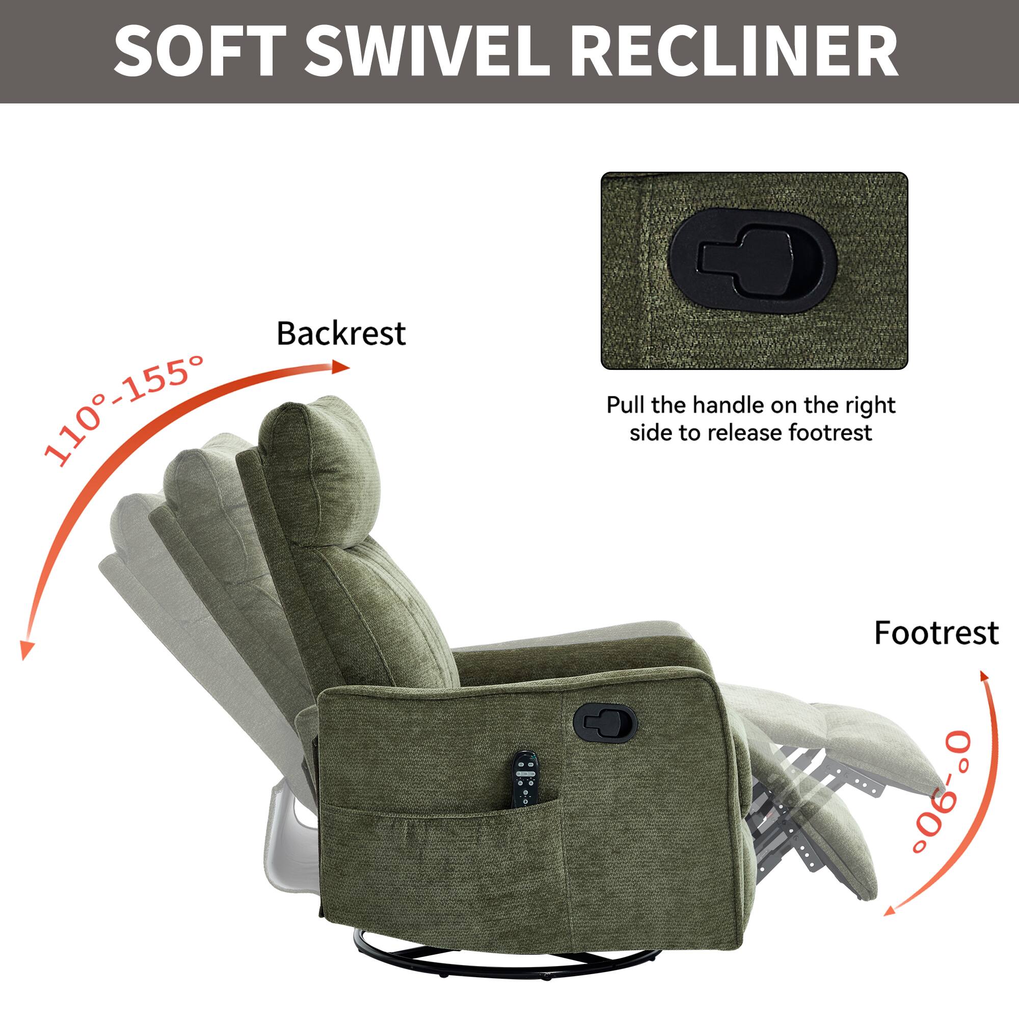 SOFT SWIVEL RECLINER

Backrest: 110°-155°

Footrest: 0°-60°

Pull the handle on the right side to release footrest