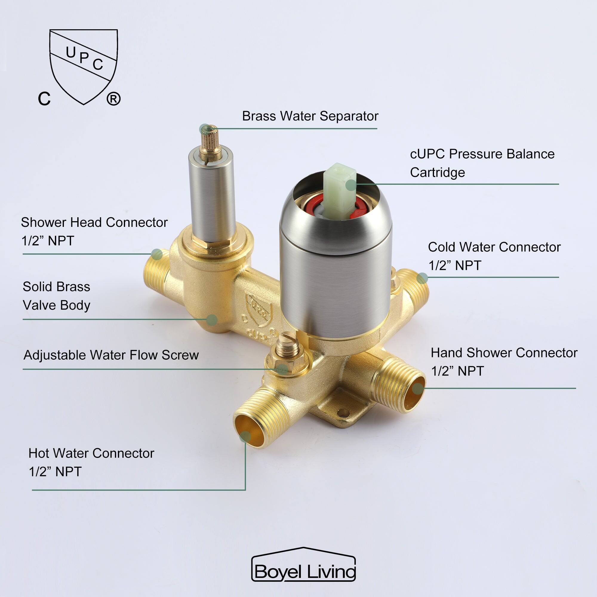 UPC R, Brass Water Separator, cUPC Pressure Balance Cartridge, Shower Head Connector 1/2" NPT, Solid Brass Valve Body, Cold Water Connector 1/2" NPT, Adjustable Water Flow Screw, Hand Shower Connector 1/2" NPT, Hot Water Connector 1/2" NPT, Boyel Livind