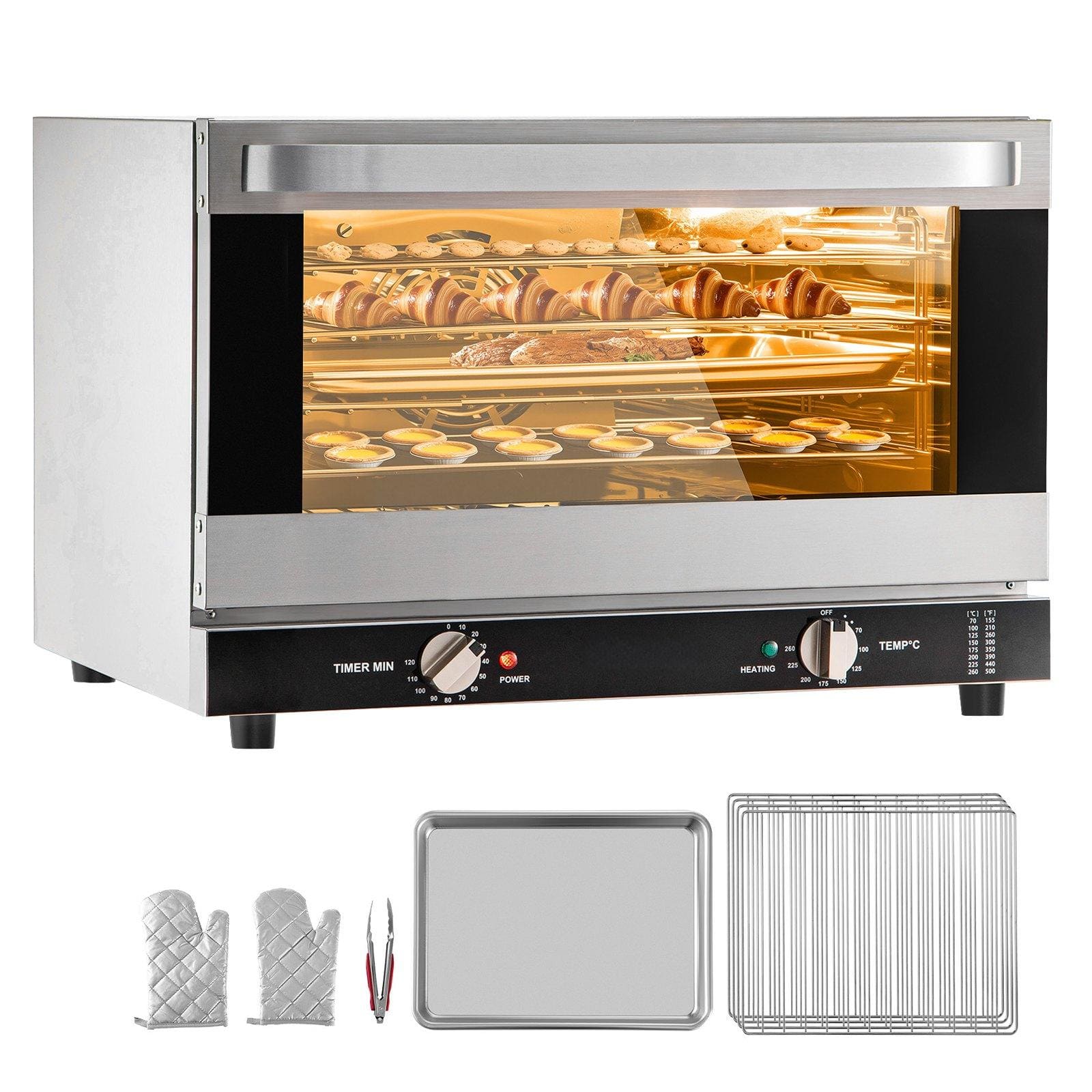 Glintex - 47L Commercial Convection Oven Countertop Electric Baking Toaster 4-Tier 1600W with Trays and Gloves - Silver