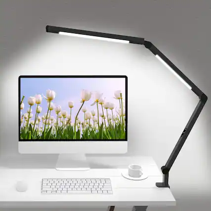 Front. Dazzed Corner - LED Desk Lamp with Clamp, Brightness Levels Table Light - Black.