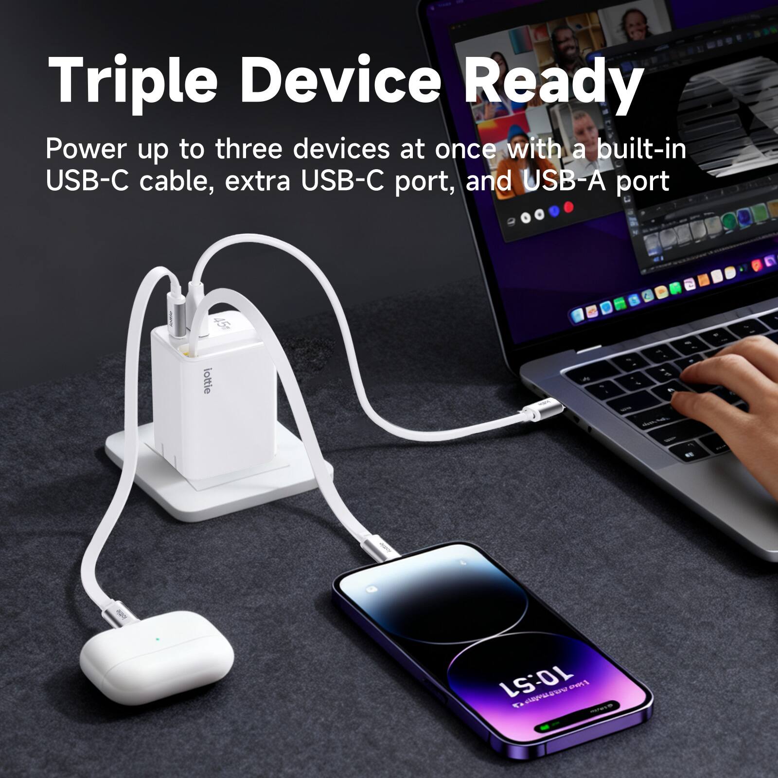 Triple Device Ready

Power up to three devices at once with a built-in USB-C cable, extra USB-C port, and USB-A port