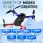 Variety of modes to get creative: F16 Altitude Hold, One Key Return, One Key Take off/Landing, Follow-Me Mode, Adjustable Flying Speed, Headless Mode, 360 Flip.
