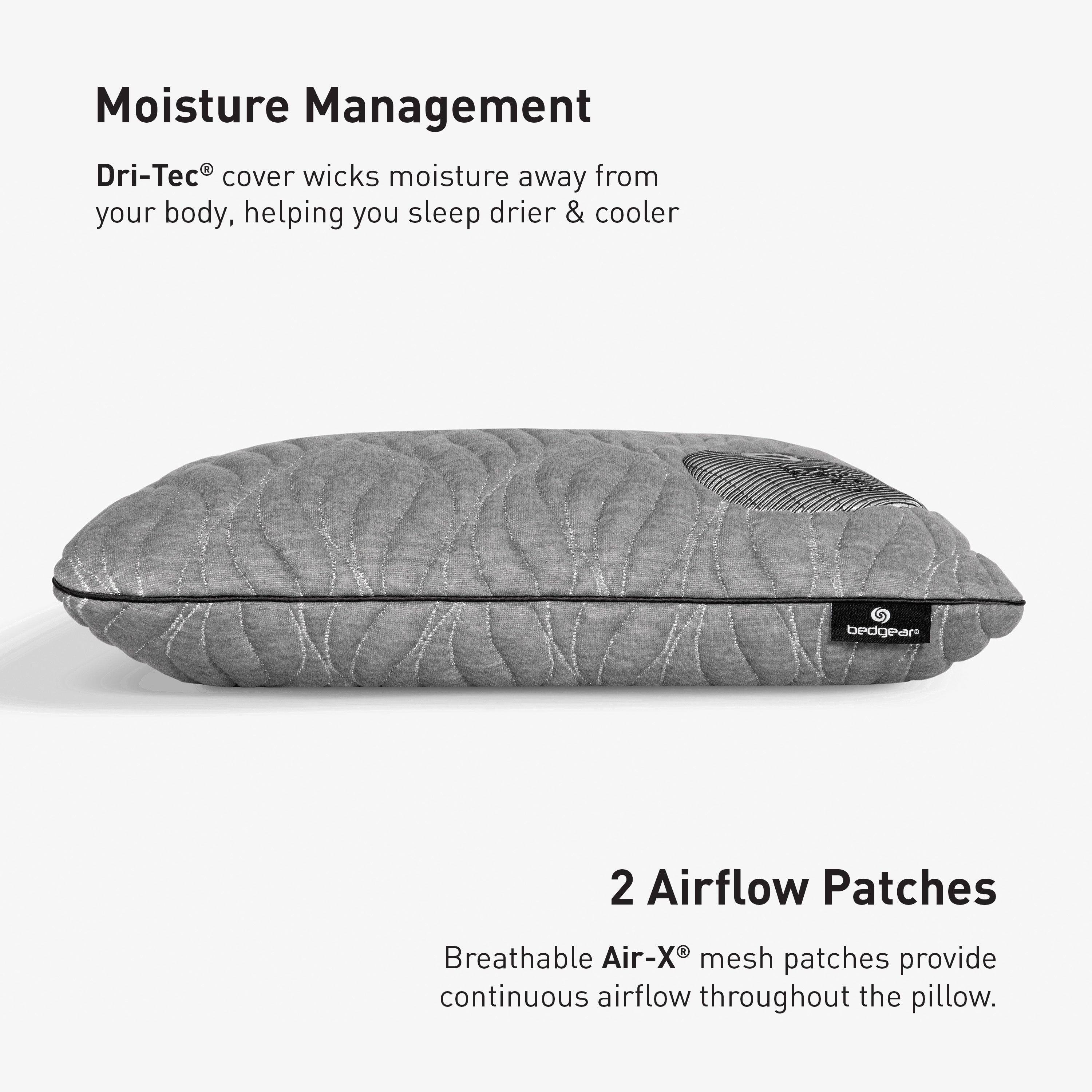 Moisture Management  
Dri-Tec® cover wicks moisture away from your body, helping you sleep drier & cooler  

2 Airflow Patches  
Breathable Air-X® mesh patches provide continuous airflow throughout the pillow.