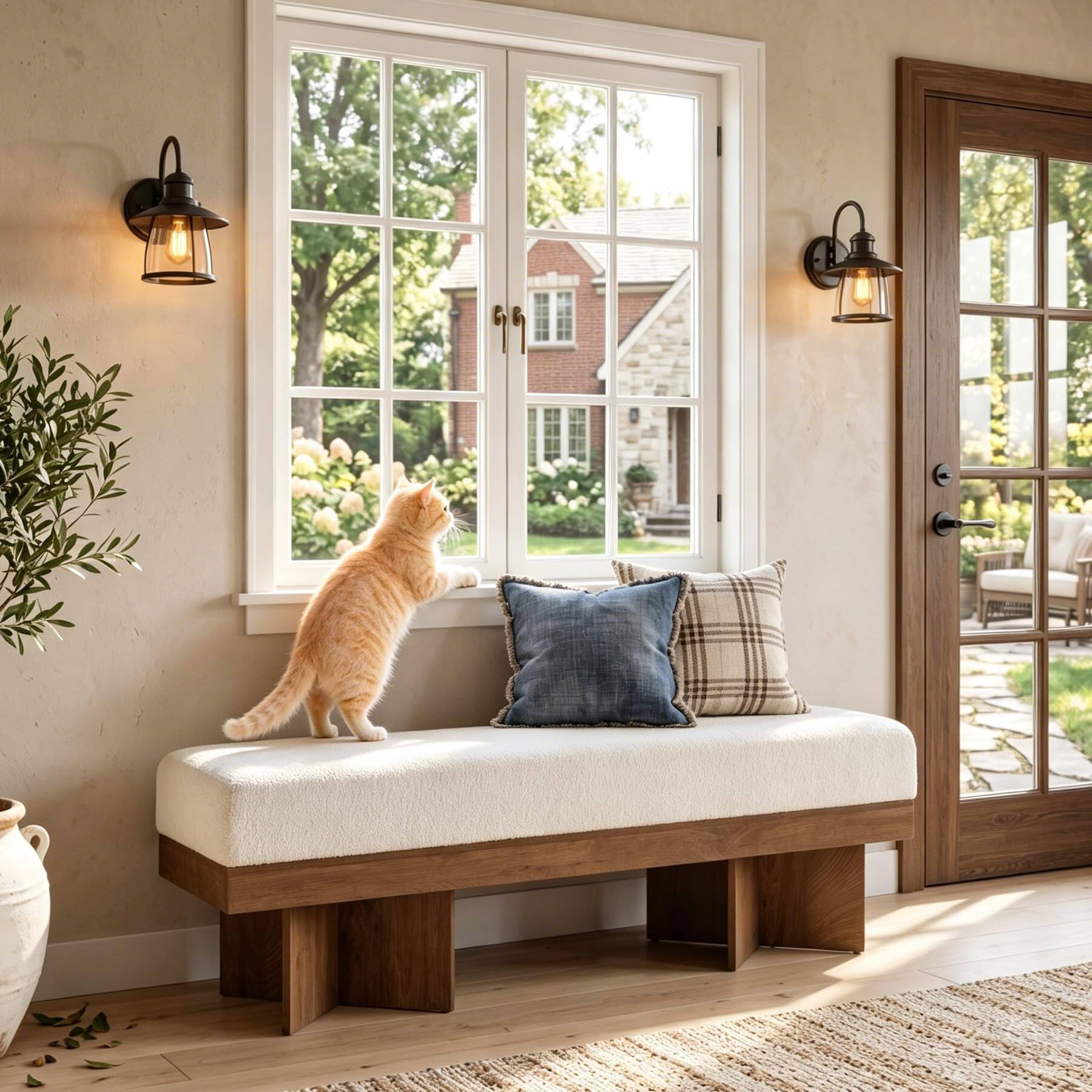 Back. Tribesigns - LITTLE TREE 55" Entryway Bench with Faux Lamb Wool, Upholstered Bench with X-Legs, for Living Room, Bedroom, or Foyer (W - White and Light Walnut.