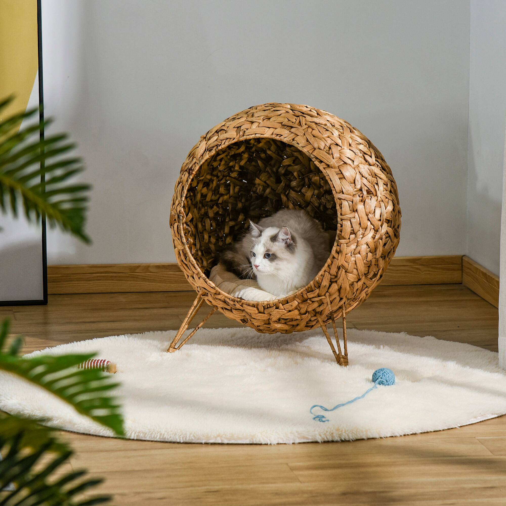 Alt View 1. Pawhut - Weaved Cat Bed - Natural Wood.