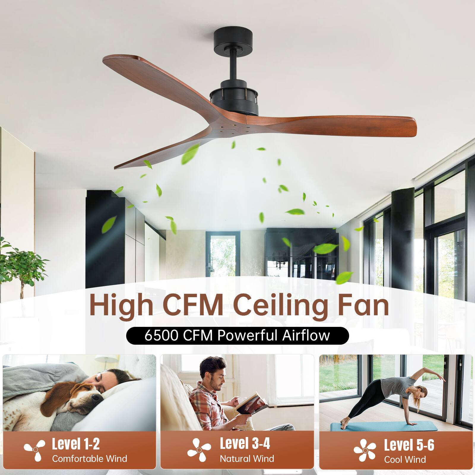 High CFM Ceiling Fan  
6500 CFM Powerful Airflow  

Level 1-2: Comfortable Wind  
Level 3-4: Natural Wind  
Level 5-6: Cool Wind